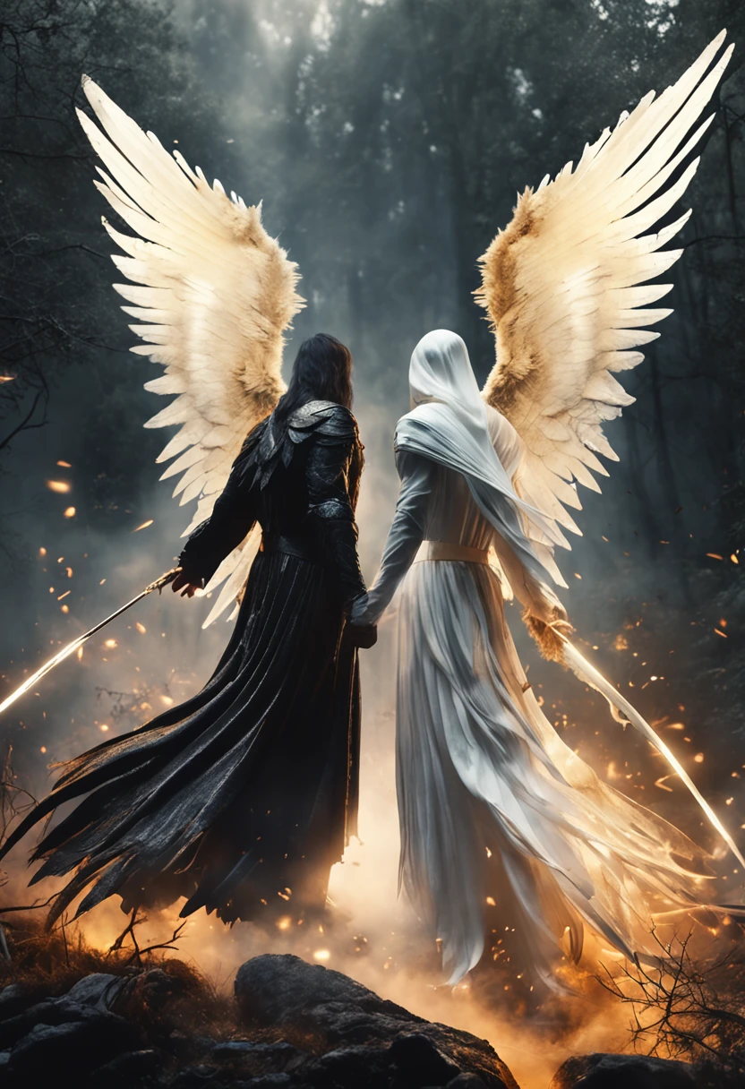 Battle between Lucifer black wings and robes and Angel Michael white wings and white robes in a misty dark forest, they are with golden swords flying with their big wings towards each other.