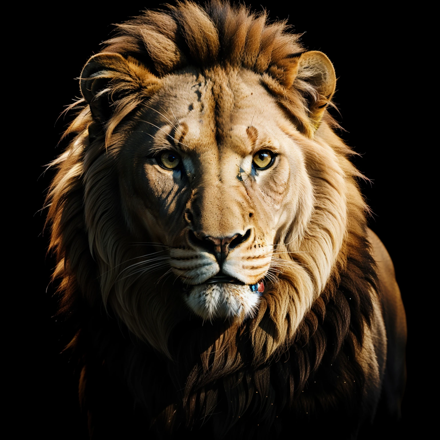 One Lion、Black background、Roaring lion、barking、Mouth wide open、murky、nffsw, masutepiece, ccurate, Anatomically correct, Textured skin, high details, High quality, Best Quality, hight resolution, 8K