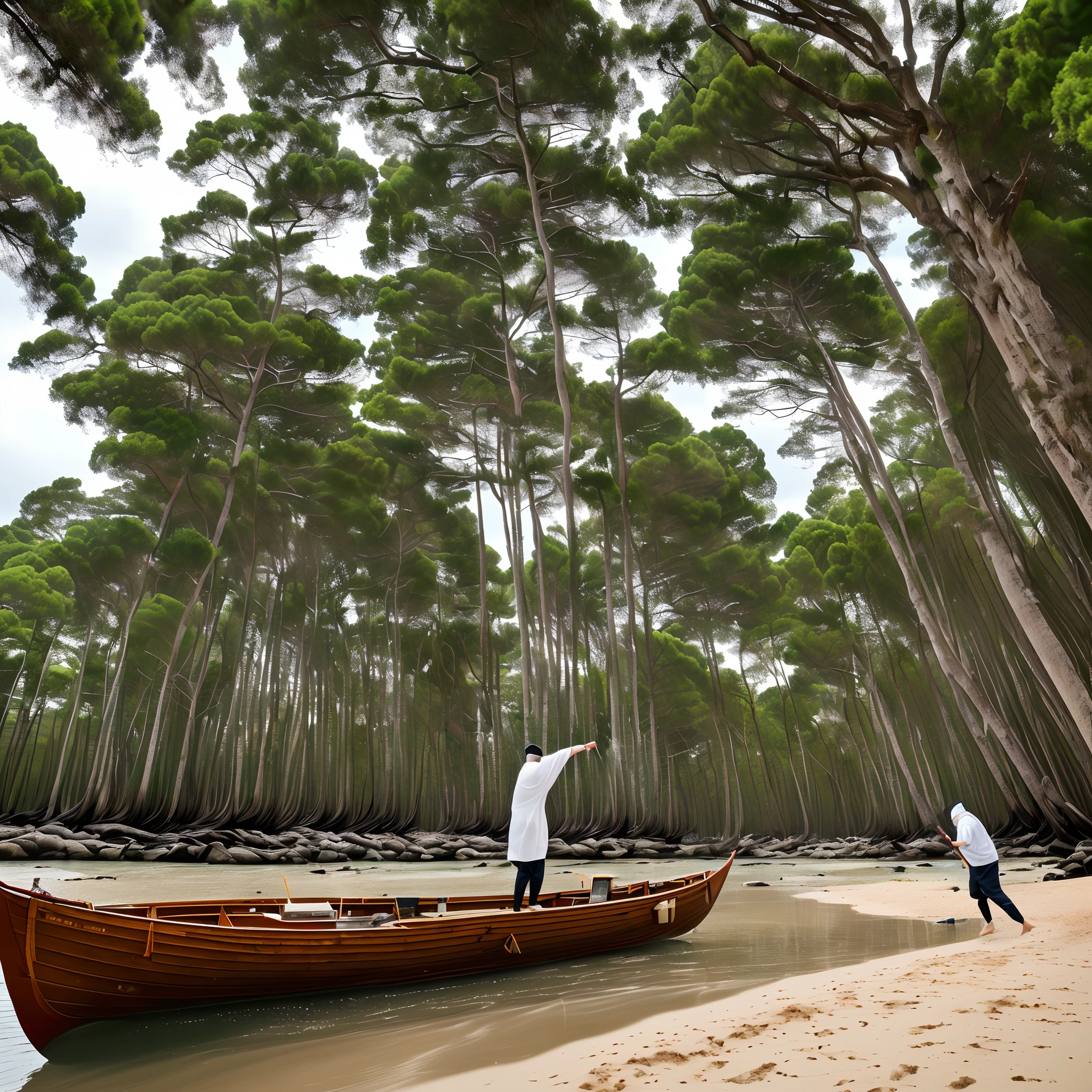 God covered in a shroud stands on a small boat,Behind the sand and endless sea,Not far away, another cold man of Asian Chinese descent jumped from the beach,Pull out two Japanese swords and slash at him。Behind the beach there are towering cypress trees