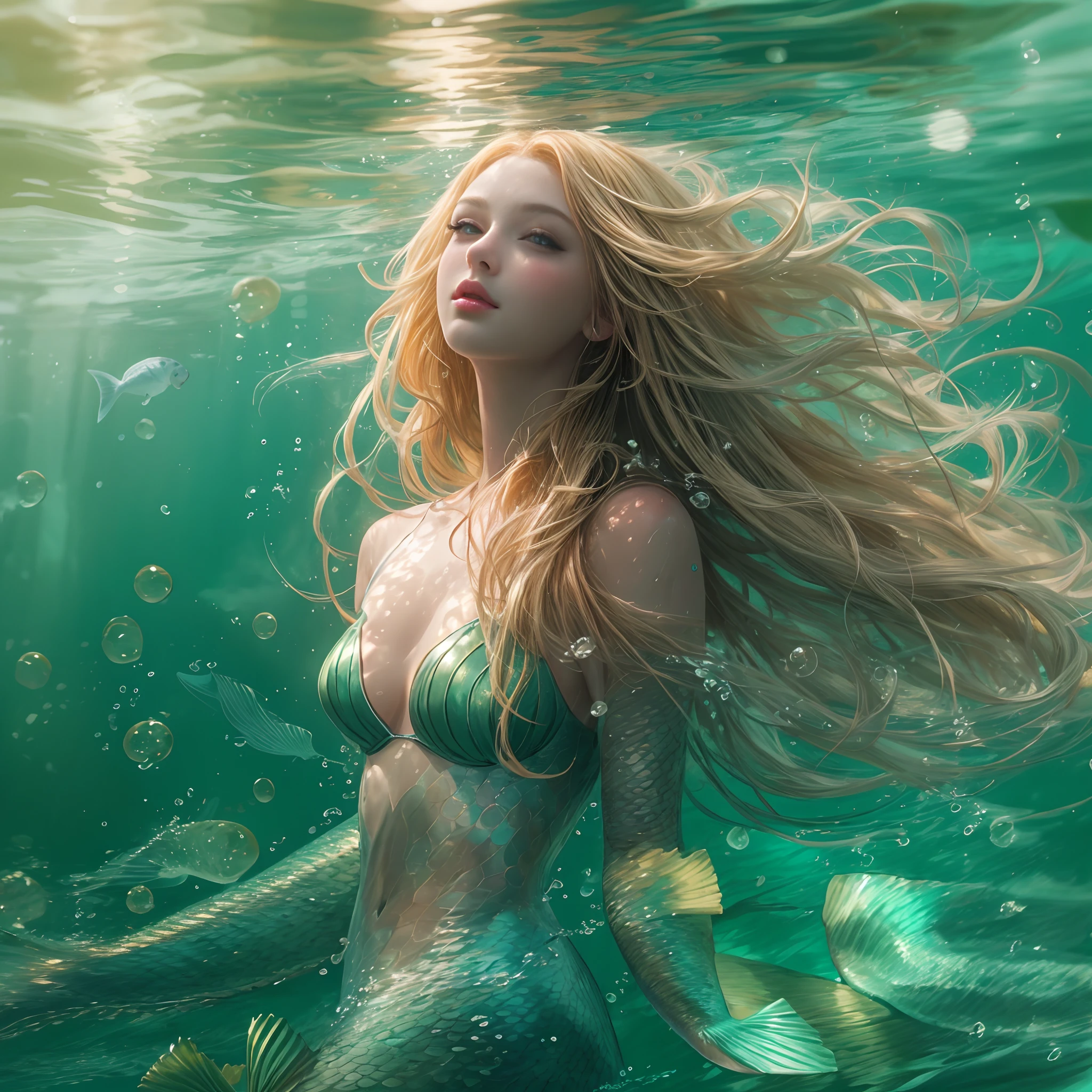 a mermaid swiming underwater. digital illustration, beautiful long blonde hair and angelic face, 16k, ultra high-quality render,fantastic realism, bokeh,  ultra detailed, detailed background