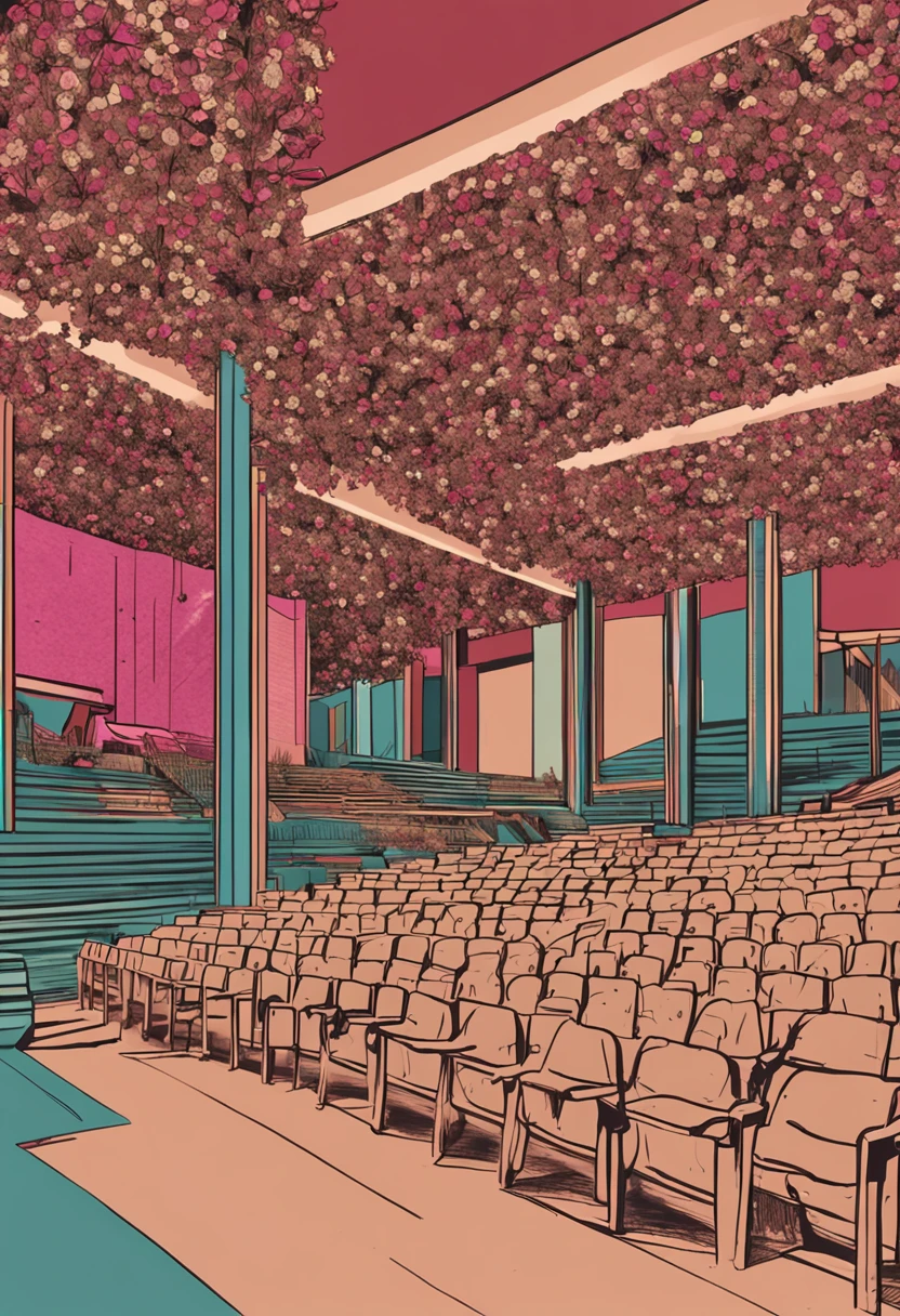 Construa pra mim projeto de um palco moderno ao ar livre, in a square with many flowers and modernism