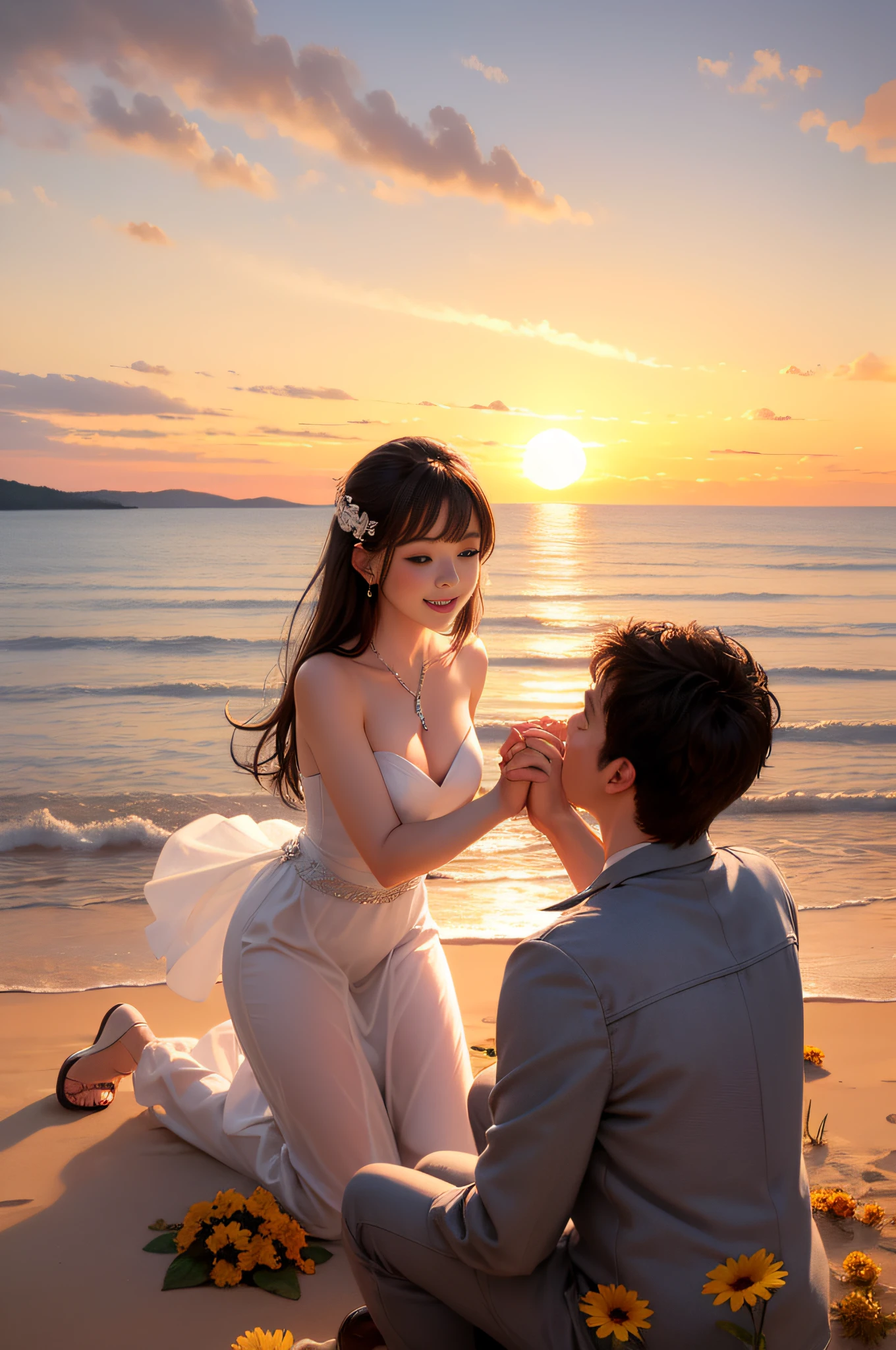 wedding proposal, romantic, on one knee, ring box, flowers, candles, dinner, restaurant, sunset, beach, holding hands, smiling, joy，photo, DSLR, fine grain, high contrast, warm and vibrant colors, high clarity
