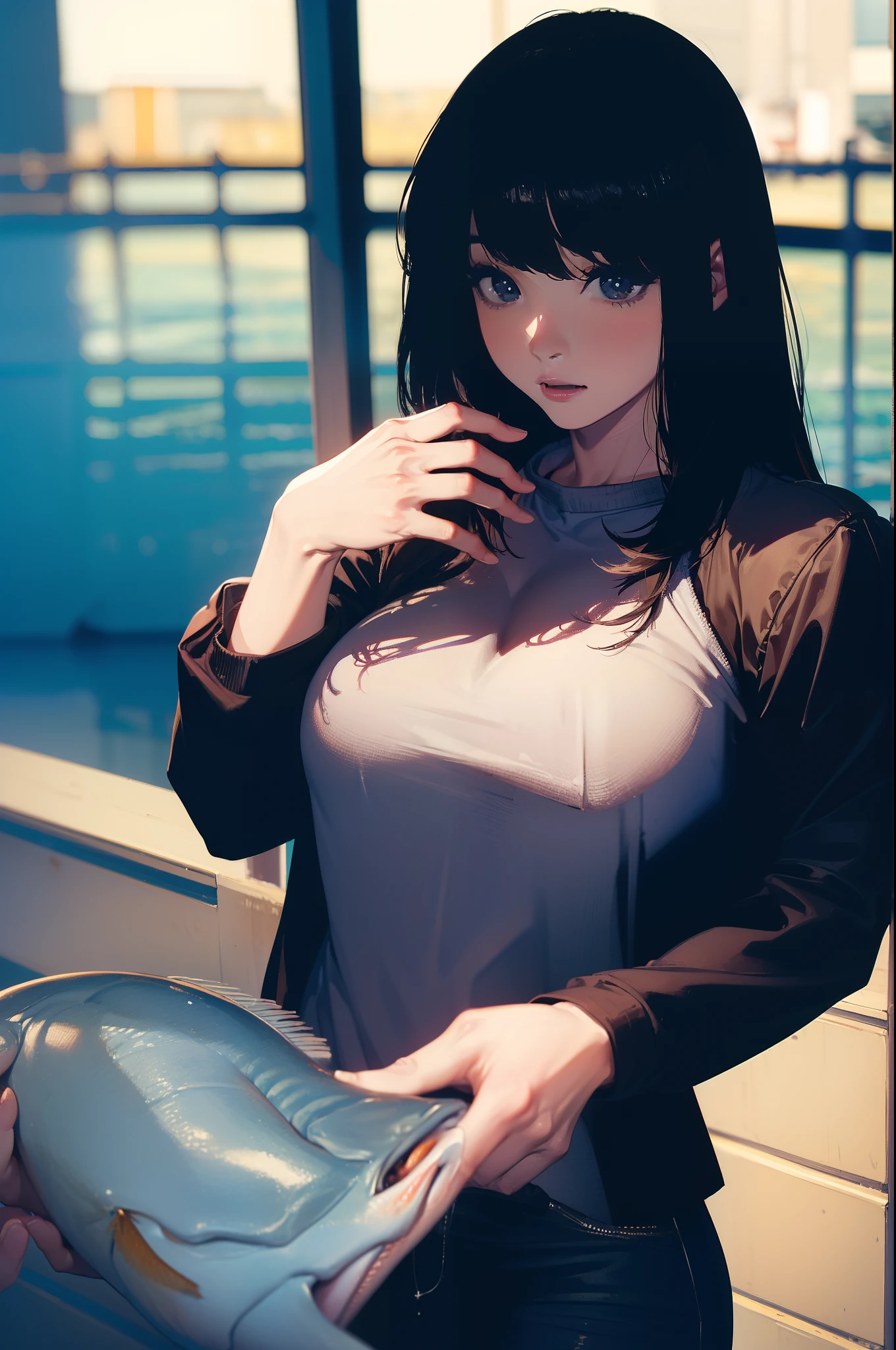((((Catching a huge fish by the lakeside:1.5)))),((Female 28 years old))((Best Quality:1.5)),(((Hands with the correct number and structure of fingers:1.4))),((Big fish:1.37)),hight resolution,ultra-detailliert,masterpiece,best qualtiy,Eight-headed body,Black hair, long eyeslashes, Solid Circle Eyes, drop shadow, Atmospheric perspective,Super Detail, ccurate, small brest,(Black jacket and jeans :1.1),top-quality, blurry backround, bokeh dof:1.2, (masterpiece:1.3), Atmospheric perspective,Super Detail,dynamic compositions,top-quality、masterpiece、Very beautiful CG、finely detail、masterpiece
