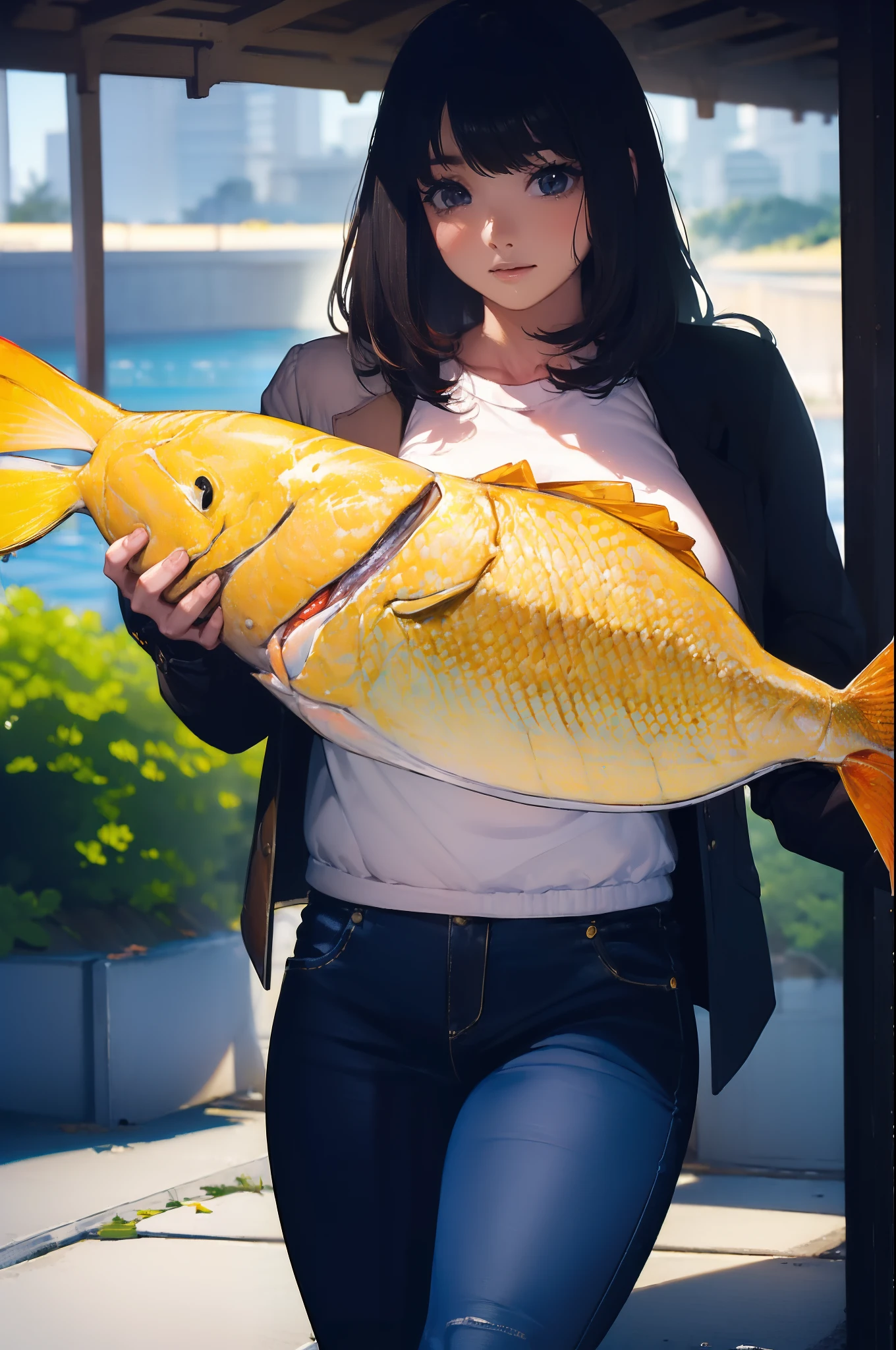 ((((Catching a huge fish by the lakeside:1.5)))),((Female 28 years old))((Best Quality:1.5)),(((Hands with the correct number and structure of fingers:1.4))),((Big fish:1.37)),hight resolution,ultra-detailliert,masterpiece,best qualtiy,Eight-headed body,Black hair, long eyeslashes, Solid Circle Eyes, drop shadow, Atmospheric perspective,Super Detail, ccurate, small brest,(Black jacket and jeans :1.1),top-quality, blurry backround, bokeh dof:1.2, (masterpiece:1.3), Atmospheric perspective,Super Detail,dynamic compositions,top-quality、masterpiece、Very beautiful CG、finely detail、masterpiece