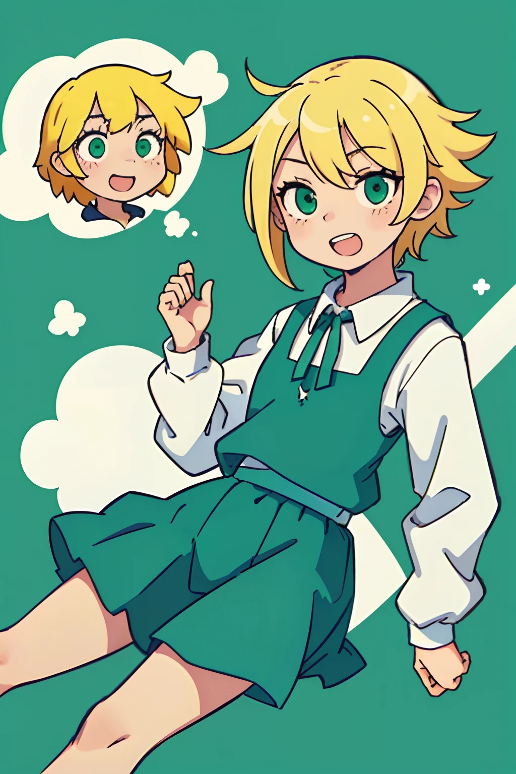 best qualtiy:0.8,best qualtiy:0.8,Perfect anime illustration,s girl,Poor milk,Short yellow hair,Green eyes,laughingly,Look to the lens,simplebackground