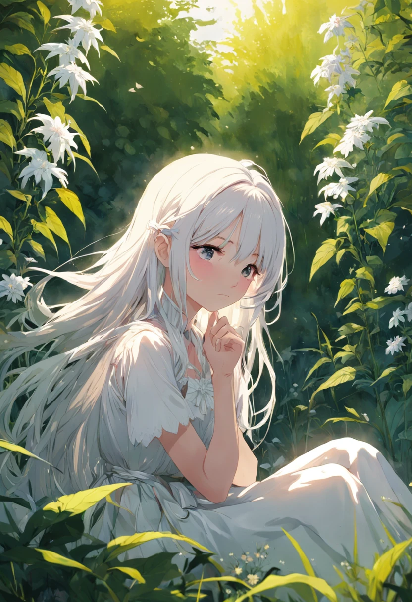 (masterpiece, best quality),1girl with long white hair sitting in a field of green plants and flowers, her hand under her chin, warm lighting, white dress, blurry foreground