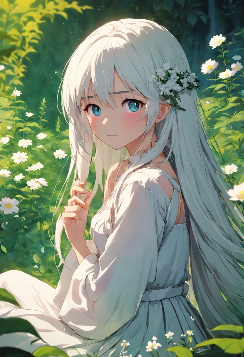 (masterpiece, best quality),1girl with long white hair sitting in a field of green plants and flowers, her hand under her chin, warm lighting, white dress, blurry foreground