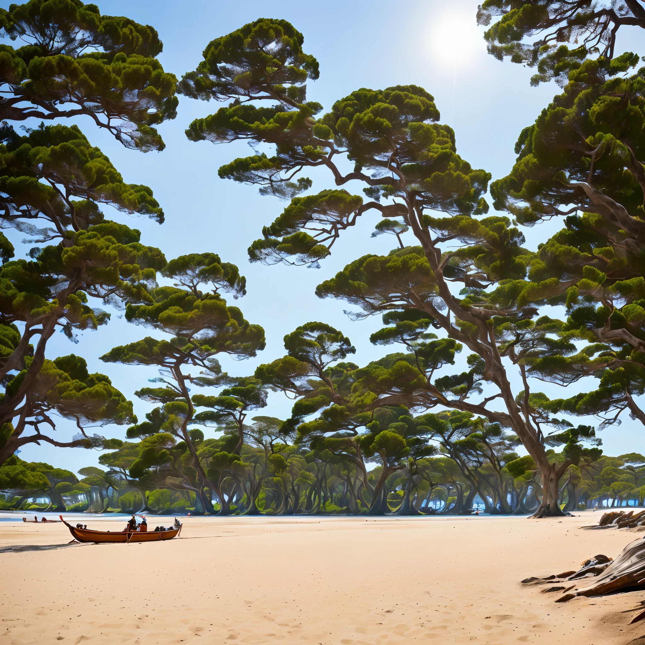 God covered in a shroud stands on a small boat,Behind the sand and endless sea,Not far away, another cold man of Asian Chinese descent jumped from the beach,Pull out two Japanese swords and slash at him。Behind the beach there are towering cypress trees