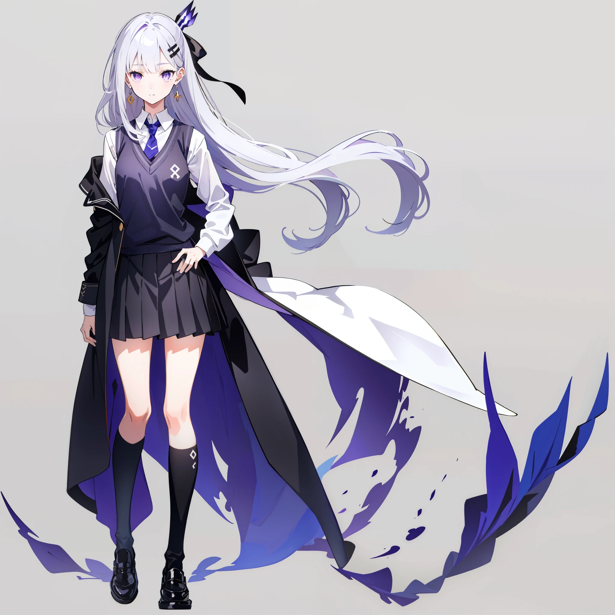 ((1girl, 1character)), ((((full body)))), centered, hands behind back, (((simple background, gray background))), centered character (1girl, solo), solo focus, looking at viewer, standing, light smile, masterpiece, best quality, highres, absurdres, white hair, hair ornament, purple hair bow, purple eyes, medium breasts, jewelry, earrings, japanese school uniform, full body, long-sleeved button up, sweater vest, neck tie, skirt, thigh high socks, black footwear, white button-up, blue sweater vest, orange neck tie, silver skirt, black socks, medium length hair, small smile