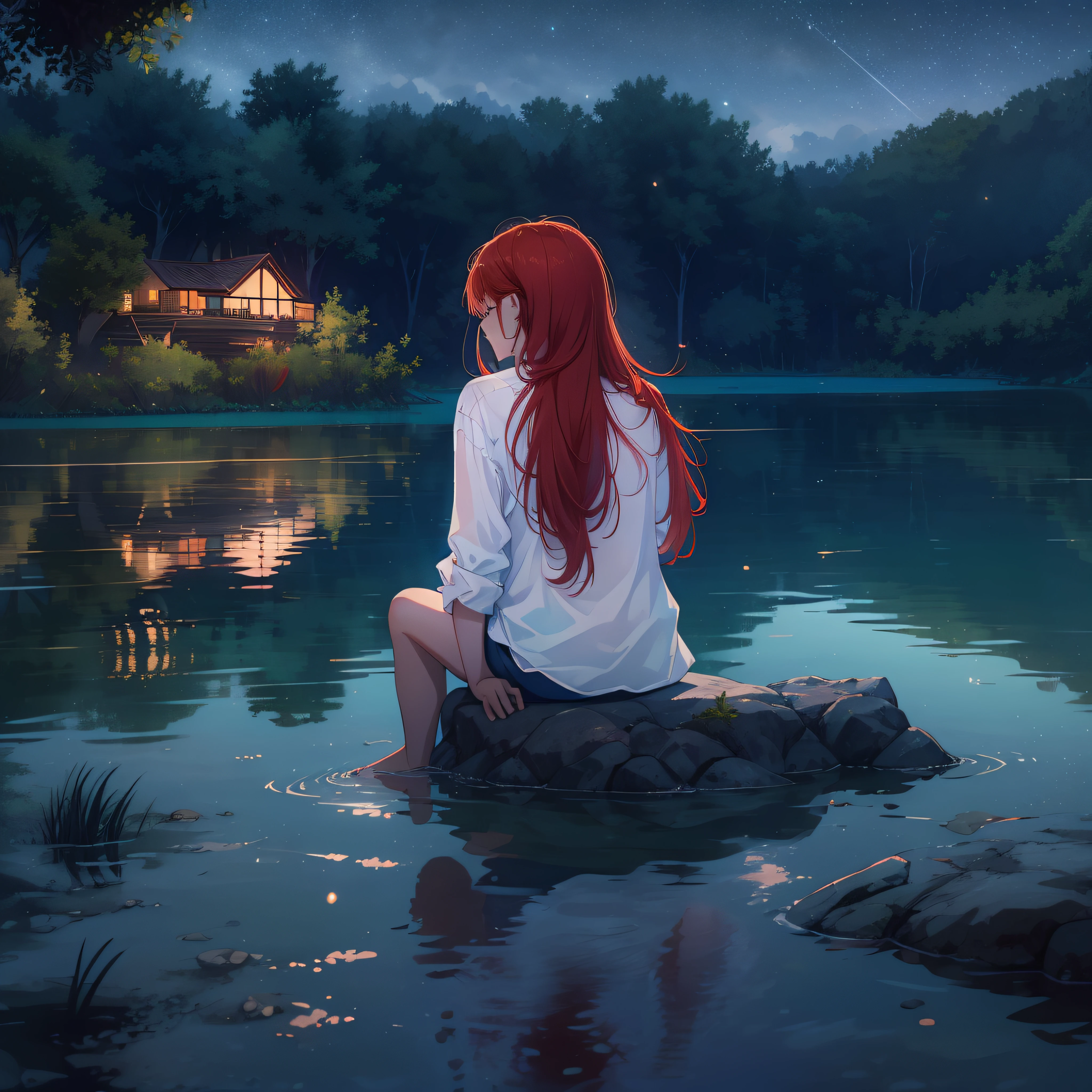 Anime girl sitting on a rock in the water looking at a house - SeaArt AI