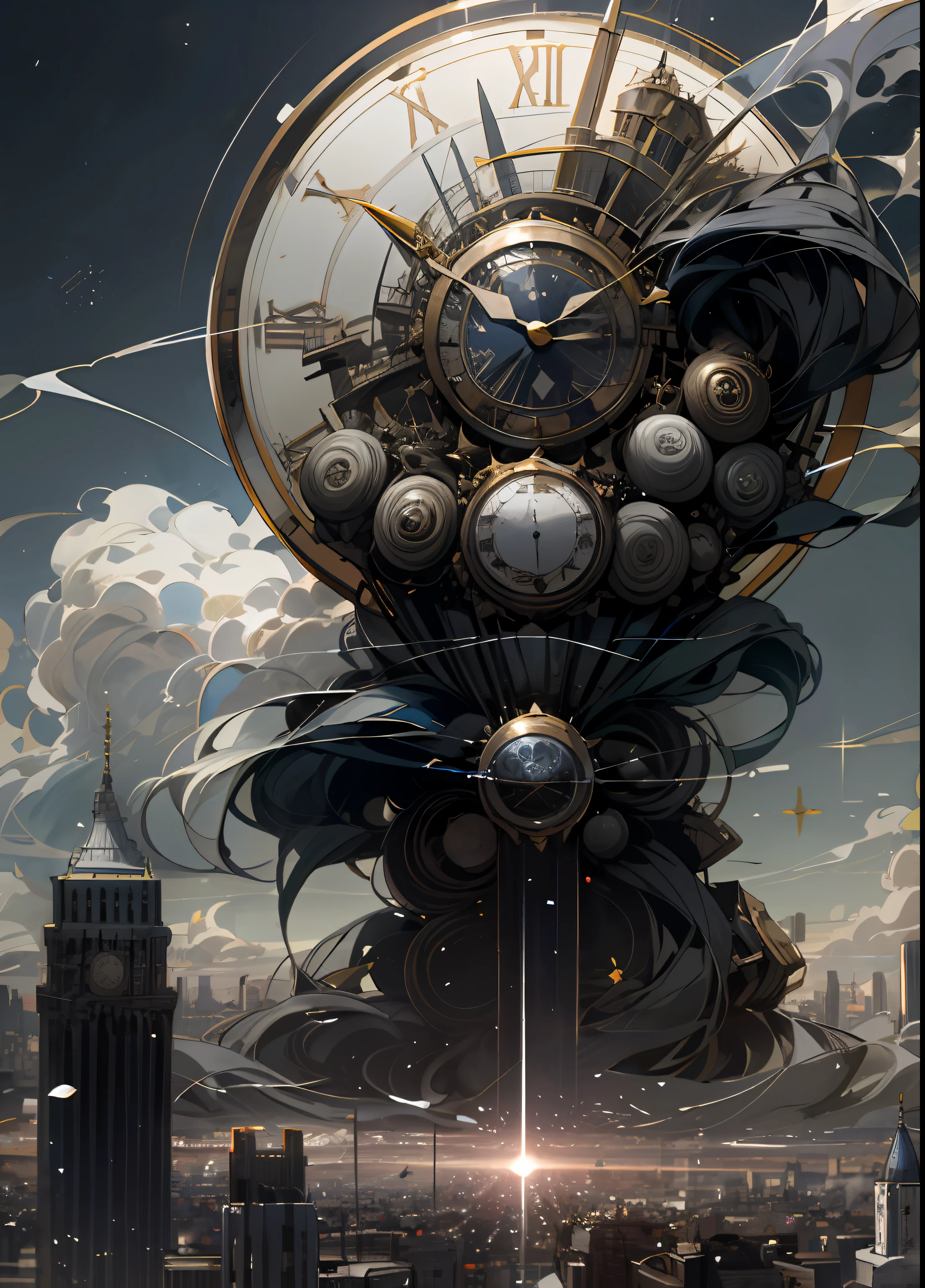 Over the bustling city，A circular clock the size of the moon floats in the sky，The hands of the clock are constantly reversed，The vitality of the city gradually dissipated，An unknown blue smoke rose in the air，The sky of the city gradually turned gray，The whole city is lifeless，The ground is littered with municipal waste