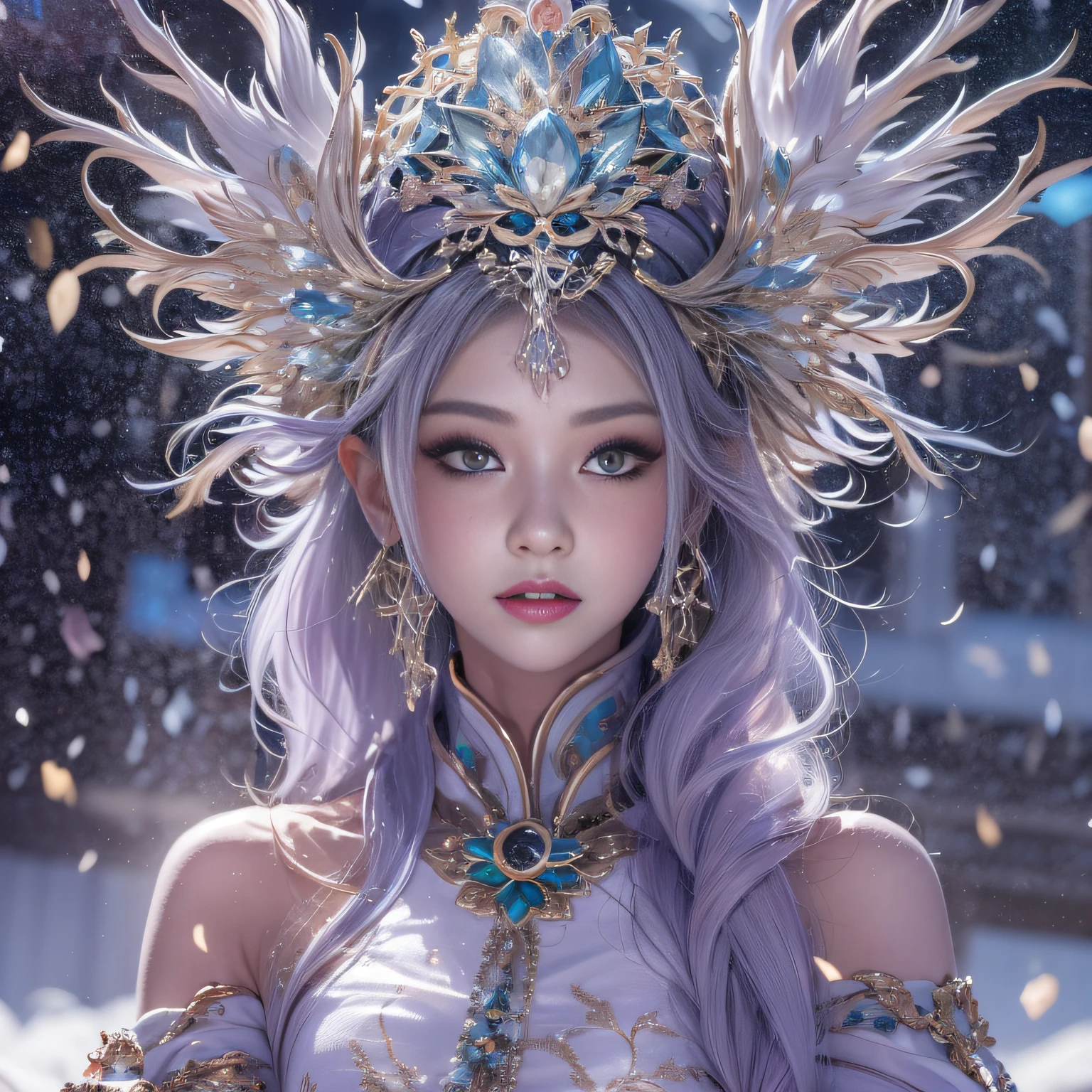 32K(tmasterpiece,k hd,hyper HD,32K)Purple-pink flowing hair,Gold jewelry area in the back room,King Girl ,Silver Dragon Protector (realisticlying:1.4),Python pattern robe,Purple-pink tiara,Snowflakes fluttering,The background is pure,Hold your head high,Be proud,The nostrils look at people, A high resolution, the detail, RAW photogr, Sharp Re, Nikon D850 Film Stock Photo by Jefferies Lee 4 Kodak Portra 400 Camera F1.6 shots, Rich colors, ultra-realistic vivid textures, Dramatic lighting, Unreal Engine Art Station Trend, cinestir 800,Hold your head high,Be proud,The nostrils look at people,Tsundere,Snowflakes fluttering,Snowflakes fluttering,Snowflakes fluttering,Snowflakes fluttering