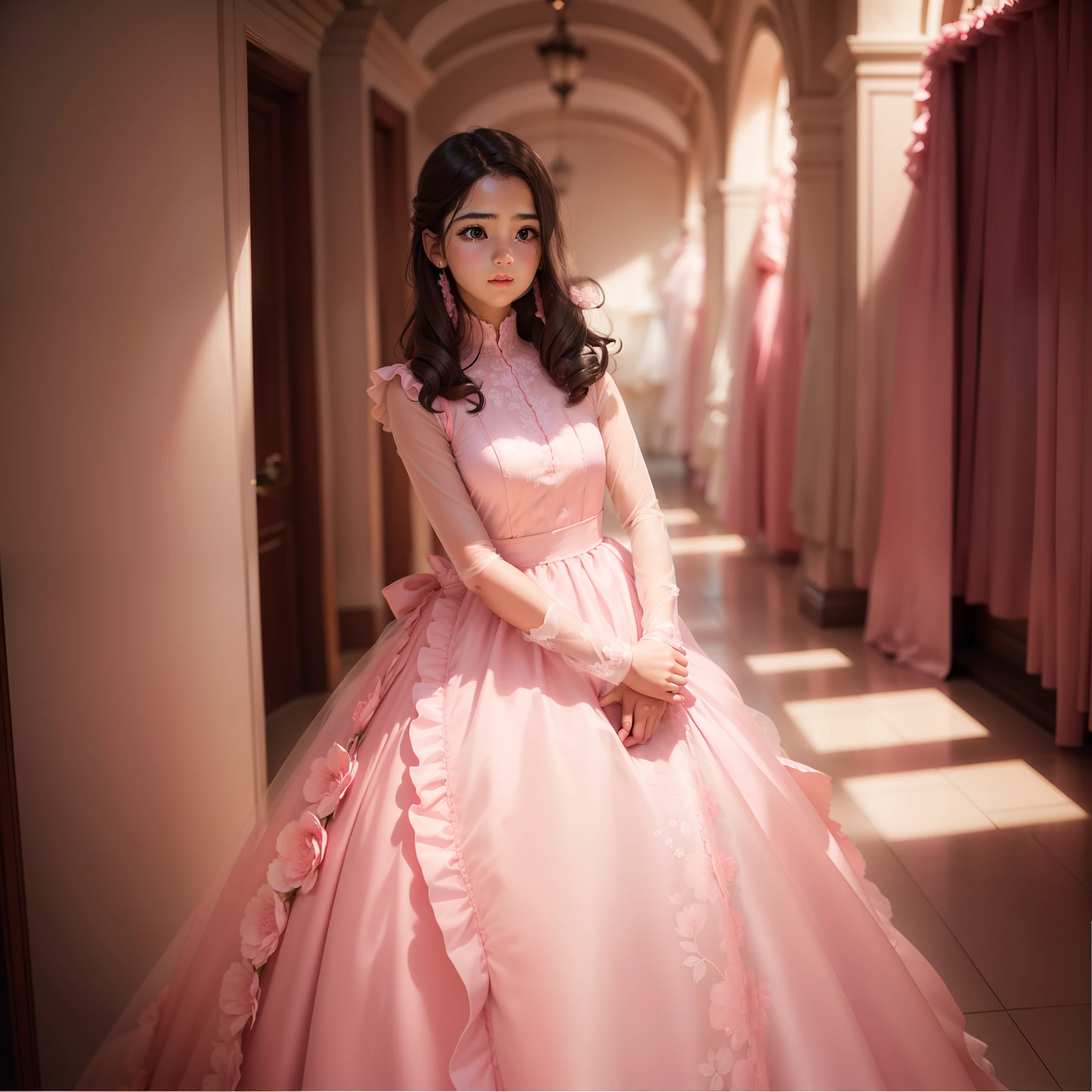 a close up of a young girl in a pink dress, wearing pink floral gown, with lovely look, wearing organza gown, dressed in a pink dress, wearing a pink dress, she is about 1 , wearing a pink ballroom gown, profile pic