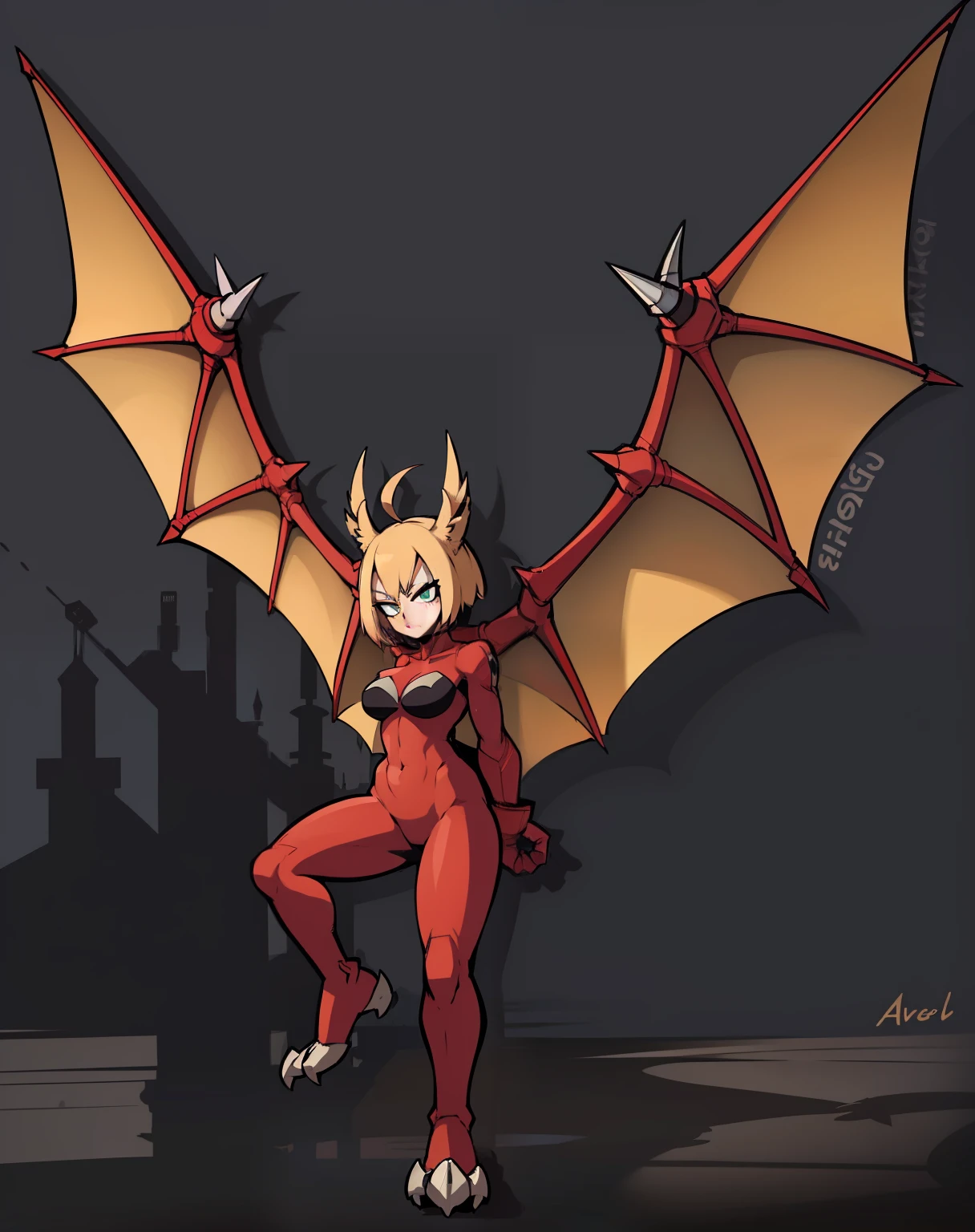 My Hero Academia style, anime Girl, female, trending on artstation pixiv, (full body shot:0.5), wide hips, wide thighs, large breast, Bat wings spread, bat wings, wings spread, bat, short hair, red hair, straight hair, bat ears, green eyes, Hero suit, full body suit, red suit with yellow details and lines, metal three-toed paws, sharp three-toed paws, long three-toed paws, humanoid bat anatomy, Perfect anatomy, Super Detailed,