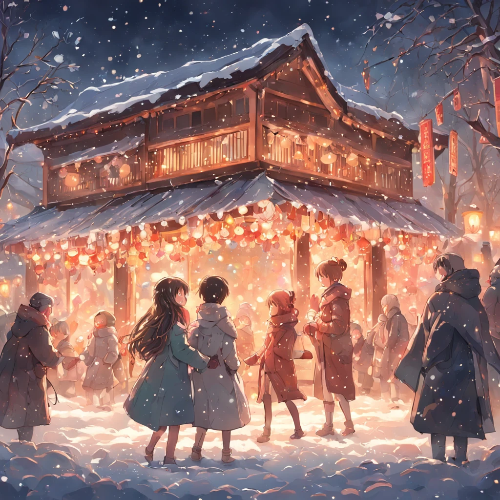 In the snowy winter scene,People celebrate the festival happily,Decorated with ornate houses。The paintings vividly show people having snowball fights、Joyful scene of building snowmen,At the same time, the delicate texture of falling snowflakes is depicted。Warm lights sprinkle on the snow,It creates a warm and pleasant atmosphere。