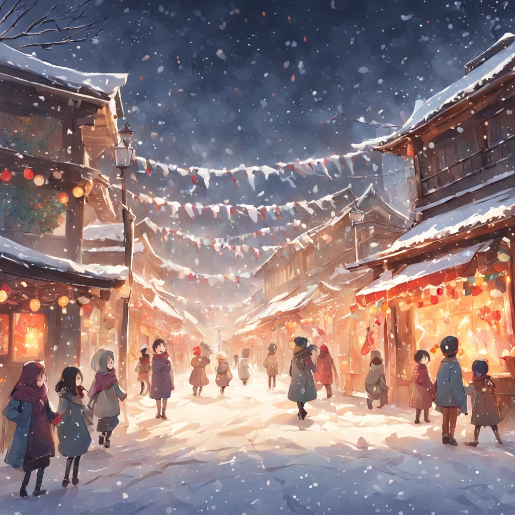 In the snowy winter scene，People celebrate the festival happily，Decorated with ornate houses。The paintings vividly show people having snowball fights、Joyful scene of building snowmen，At the same time, the delicate texture of falling snowflakes is depicted。Warm lights sprinkle on the snow，It creates a warm and pleasant atmosphere。