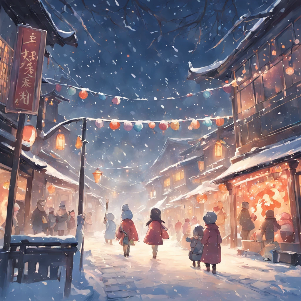 In the snowy winter scene,People celebrate the festival happily,Decorated with ornate houses。The paintings vividly show people having snowball fights、Joyful scene of building snowmen,At the same time, the delicate texture of falling snowflakes is depicted。Warm lights sprinkle on the snow,It creates a warm and pleasant atmosphere。