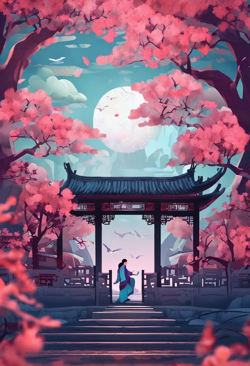 1 Chinese Valentine's Day poster design pattern, light tones, blue and purple, dream scene, warm color,The arch bridge of clouds，:: Weaver Girl and Cowherd Meet on the bridge，huge moon, fireworks, starry sky, magpiestriangular composition, rich details, top view, longshot，Chinese traditional painting，jade，lanscape，auspicious，light backgroud,best quality, pastel,soft light
