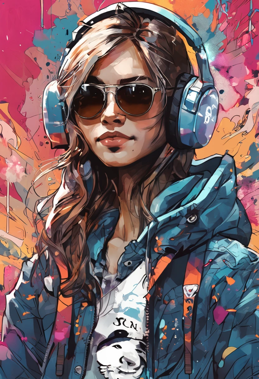 Perfect centering, cute panda, Wear a student team jacket, Wearing sunglasses, Wearing headphones, cheerfulness, Standing position, Abstract beauty, Centered, Looking at the camera, Facing the camera, nearing perfection, Dynamic, Highly detailed, smooth, Sharp focus, 8K, high definition resolution, illustration, Art by Carne Griffiths and Wadim Kashin, White background