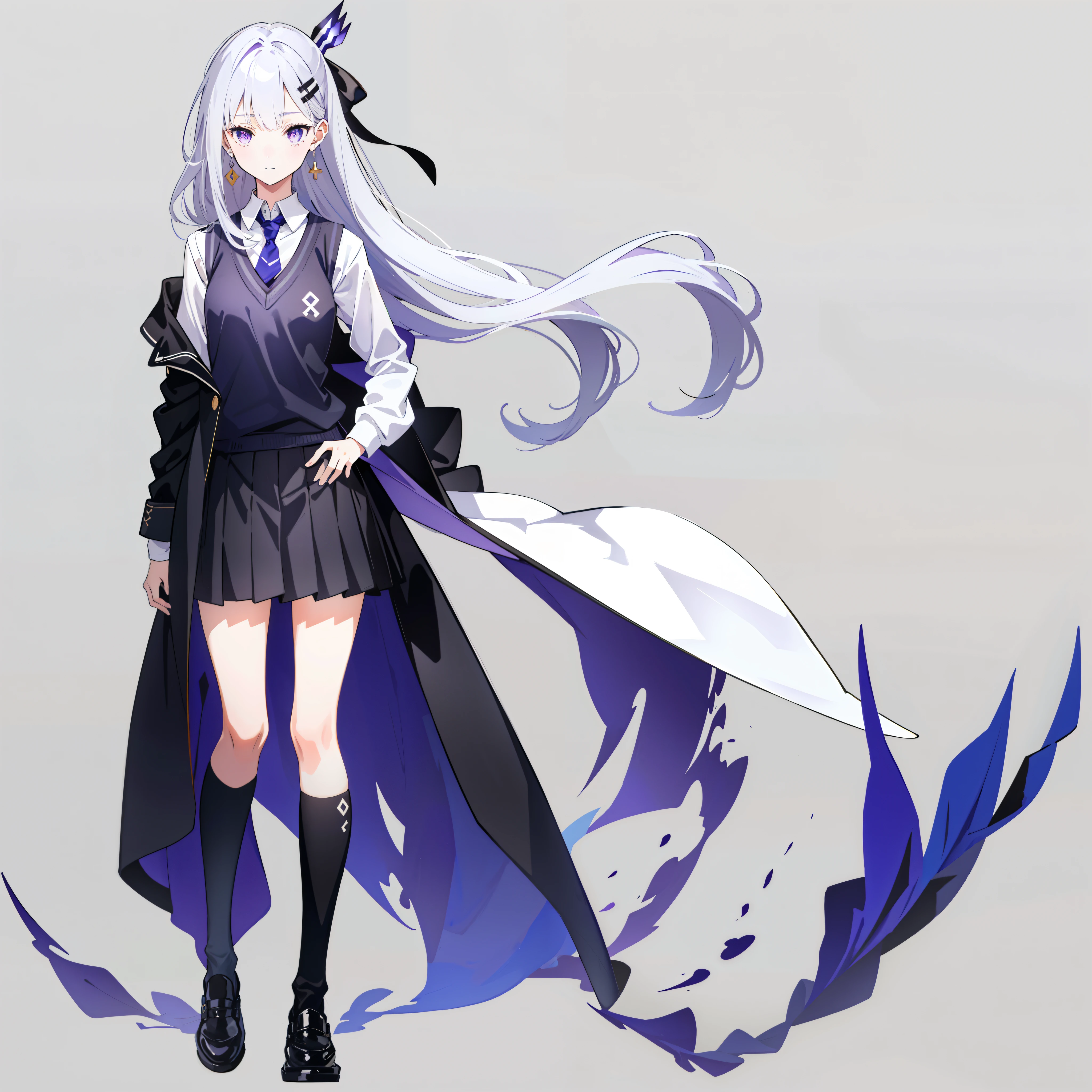 ((1girl, 1character)), ((((full body)))), centered, hands behind back, (((simple background, gray background))), centered character (1girl, solo), solo focus, looking at viewer, standing, light smile, masterpiece, best quality, highres, absurdres, white hair, hair ornament, purple hair bow, purple eyes, medium breasts, jewelry, earrings, japanese school uniform, full body, long-sleeved button up, sweater vest, neck tie, skirt, thigh high socks, black footwear, white button-up, blue sweater vest, orange neck tie, silver skirt, black socks, medium length hair, small smile