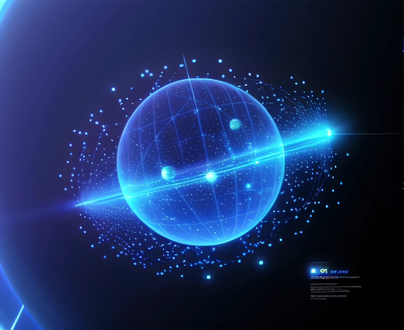 Close-up of the sphere,There are lines and dots on it, Digital art, Digital art, screensaver, strong artificial intelligence, computer - generated, Dark blue spheres fly around, cyber augmentation implant, the image is futuristic, computer generated, particle sim, quantum technology, CGI 8K, number art, blue circular hologram, cyber space, Digital artwork