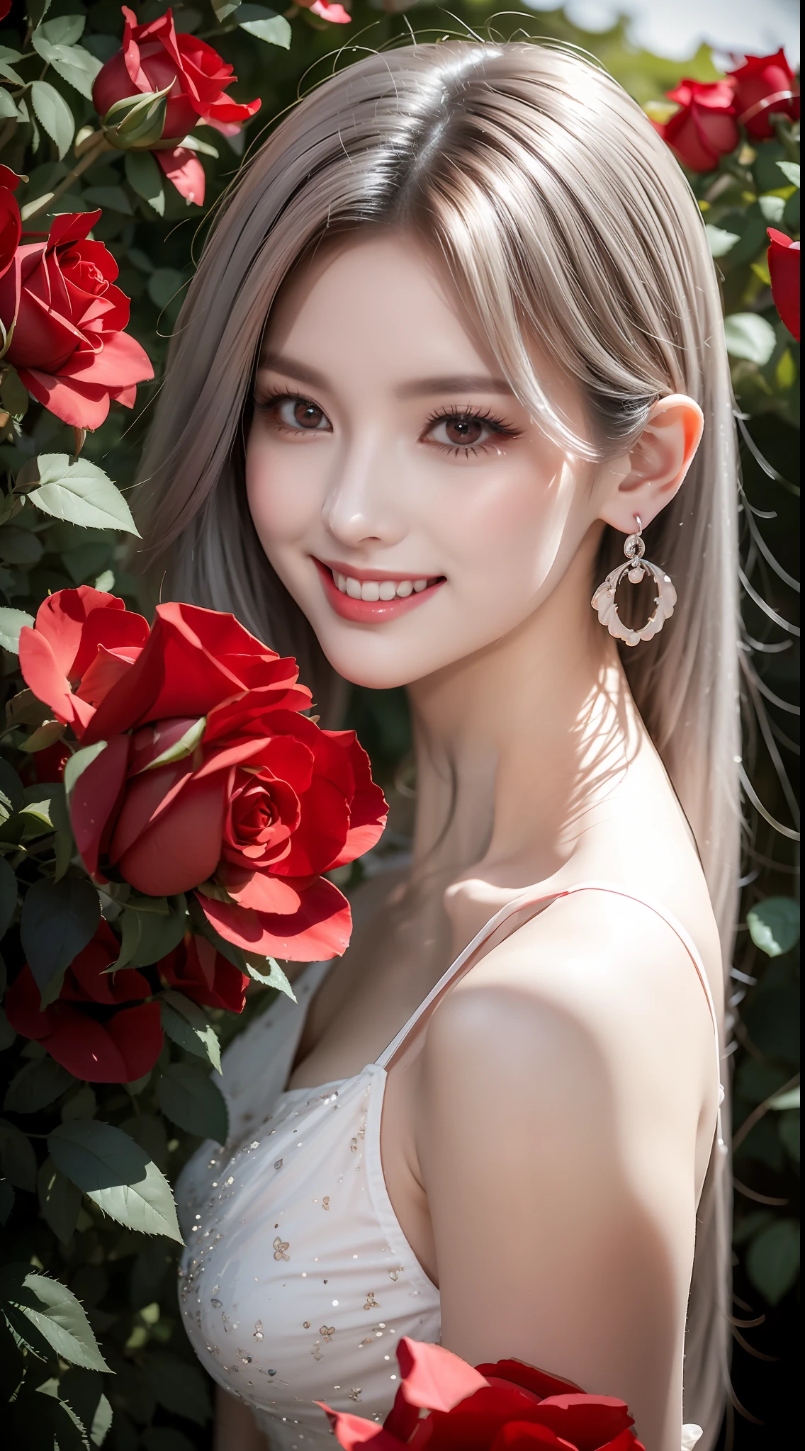 Garden covered with red roses in the background, Silver hair, front ponytail, eyes reflection, Colored Contact Lenses, Pink eyes, Fox earrings, Evil smile, High detail, romanticism lain, Depth of field, Sparkle, Ray tracing, viewfinder, zoom layer, Close-up, Bokeh, Anatomically correct, High details, 1080p, hyper HD
