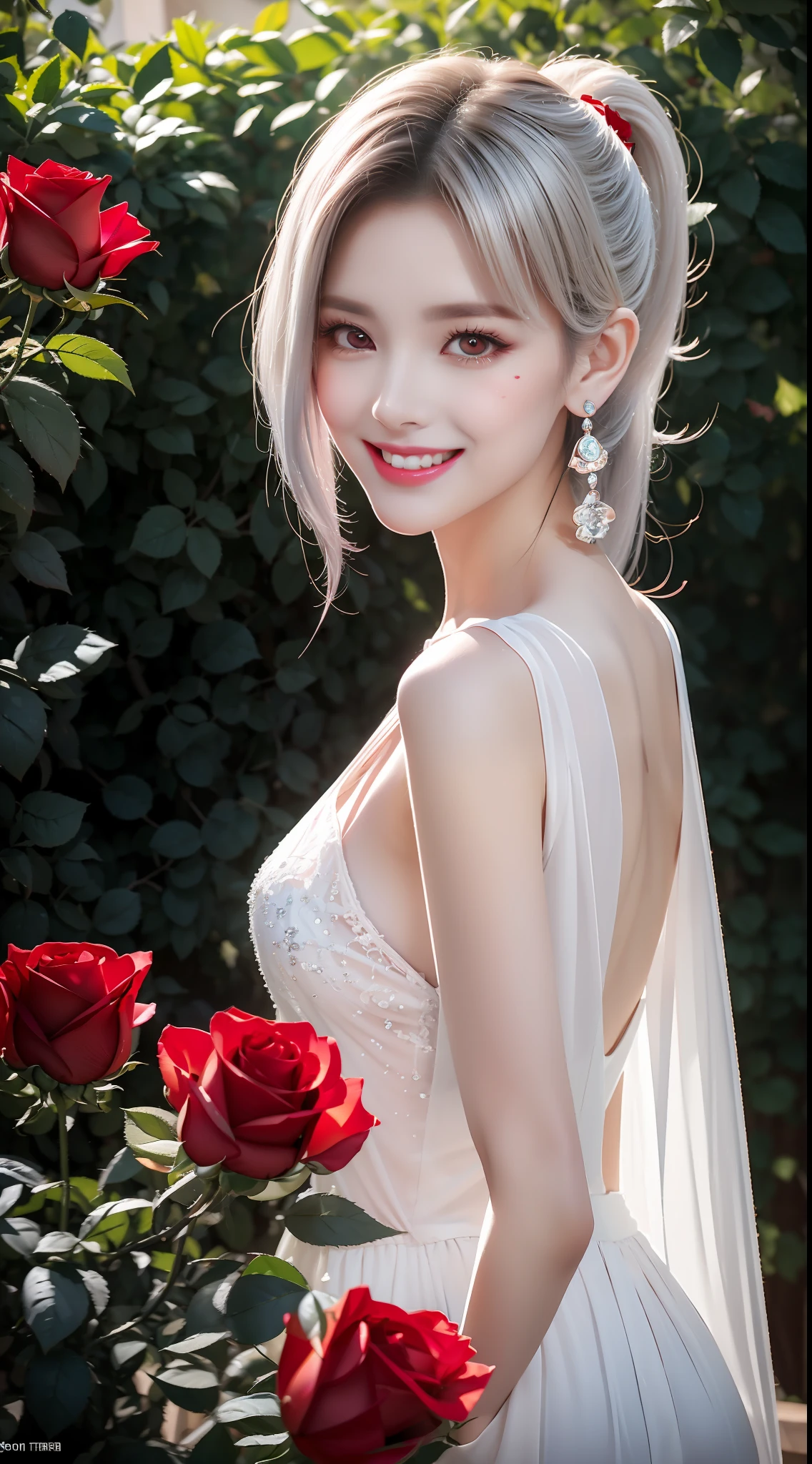 ((top quality、8K、Masterpiece:1.3))、Extremely delicate and beautiful girl,full-body shot,huge breasts,bigger breasts,amazing breast size,H cup,bare shoulders,Expose large,Expose more breasts。Wear big earrings,The skin is very white,moist red lips,Waist is very thin,Thighs are very thin,big ass,fair and smooth skin,Smooth and fair skin,flawless skin,Fair and shiny skin,cold white skin,The camera focuses on the chest,bright light,White cloth,breast exposed,white hair,white hair,blizzard,snow mountain,Sunset,lake,sweet smile,mouth slightly open
