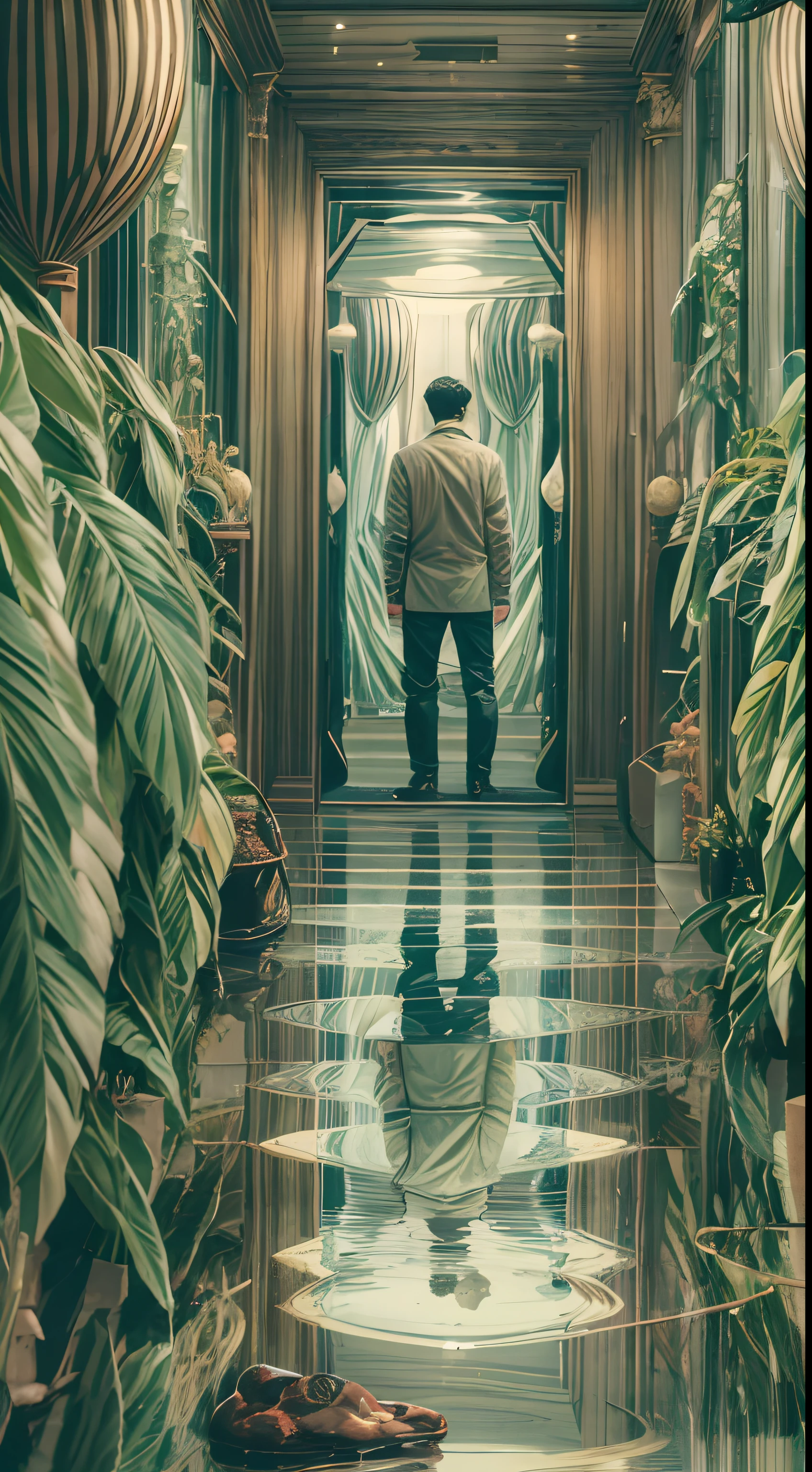 Man looking into a mirror but his reflection is different than him. zoomed out, wallpaper style image, full body, in motion, his reflection is a creature unlike himself,