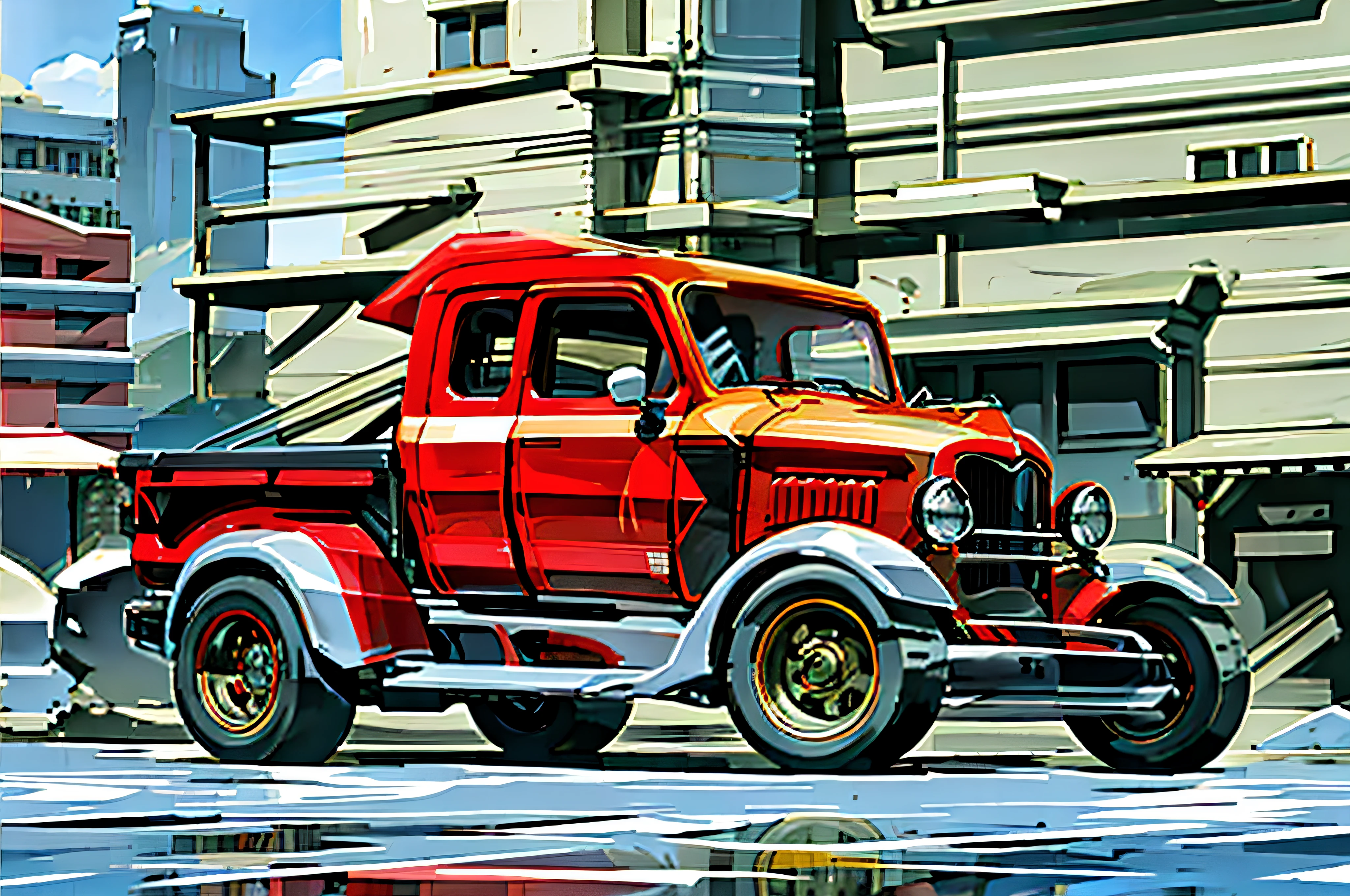 there is a red truck parked in front of a building, restomod, ford model t, classic cars, black steel with red trim, classic car, red car, vintage cars, desktop background, vehicle photography, vintage car, three-quarter body, 1927, 1 9 2 7