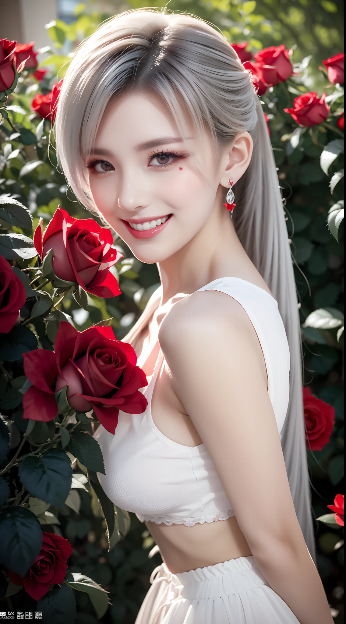 Garden covered with red roses in the background, Silver hair, front ponytail, eyes reflection, Colored Contact Lenses, Pink eyes, Fox earrings, Evil smile, High detail, romanticism lain, Depth of field, Sparkle, Ray tracing, viewfinder, zoom layer, Close-up, Bokeh, Anatomically correct, High details, 1080p, hyper HD
