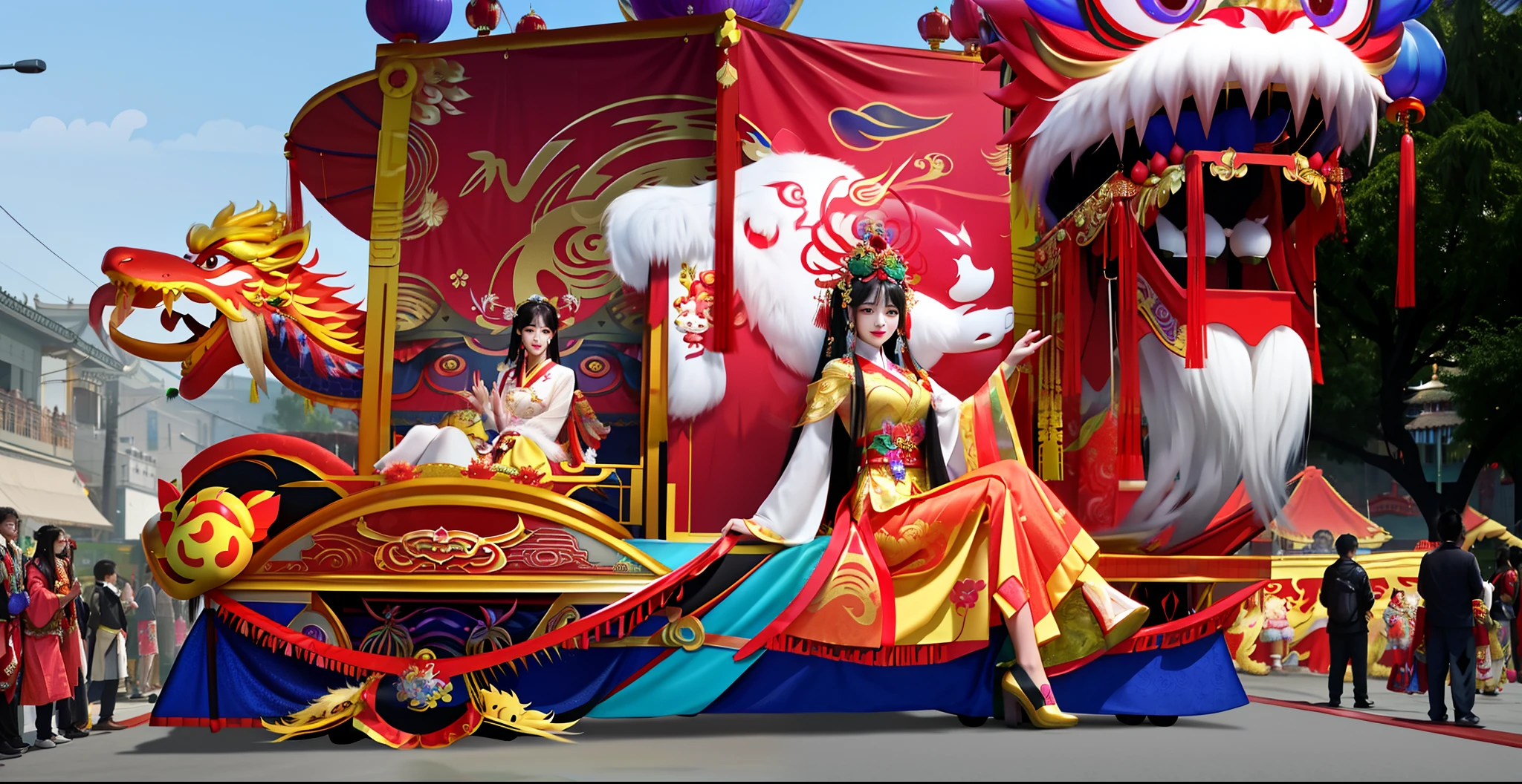 Arapei floats the big heads of a woman and a man, Float Carnival, Parade floats, yellow dragon head festival, Chinese New Year in Shanghai, Magic parade floats, beijing opera, parade, exquisite costumes, Dress up well, 中 国 鬼 节, Colourful, Parade settings, Chinese fantasy, carnival, dreamland of chinese