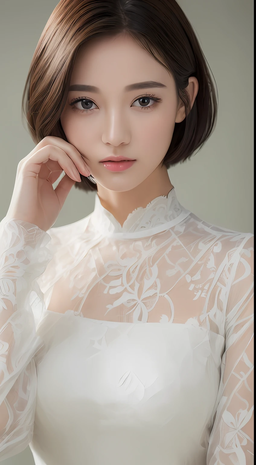((top-quality、8K、masterpiece:1.3))、SLR camera、realskin、1人、Ultimate Beauty、Beautiful woman with slender abs:1.3、(Very short hair、爆乳:1.2)、Long Sleeve Lace Shirt:1.1、hyperdetailed face、A detailed eye、Double eyelid hands on face