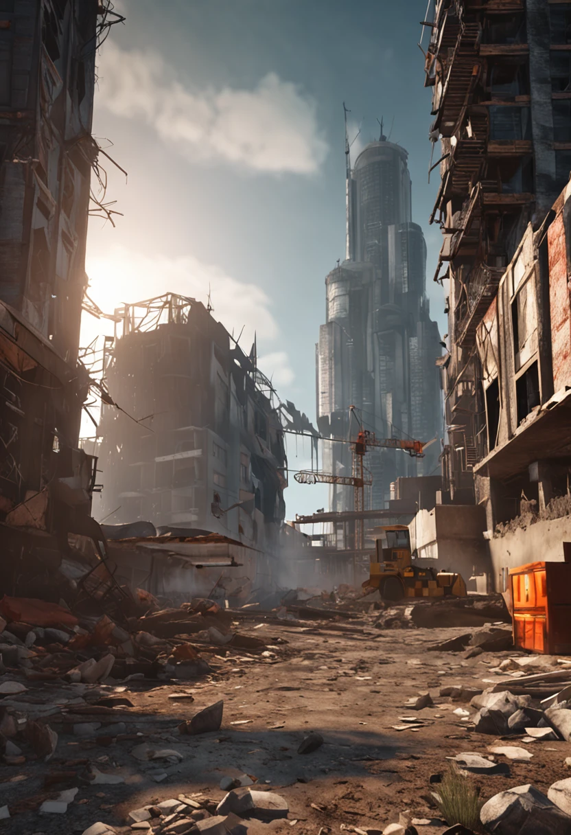 There is a picture of a construction site,There is a construction crane, created in unreal engine 5, made in unreal engine 5, destroyed city in background, render in unreal engine 5, unreal engine 5 digital art, hyper-realistic environment, outdoors ruined cityscape, Unreal Engine 5 renderer, Unreal Engine 5 environment, dusty unreal engine, destroying a cityscape