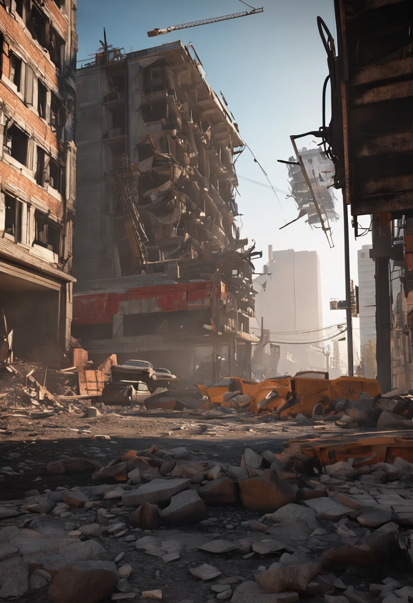 There is a picture of a construction site，There is a construction crane, created in unreal engine 5, made in unreal engine 5, destroyed city in background, render in unreal engine 5, unreal engine 5 digital art, hyper-realistic environment, outdoors ruined cityscape, Unreal Engine 5 renderer, Unreal Engine 5 environment, dusty unreal engine, destroying a cityscape