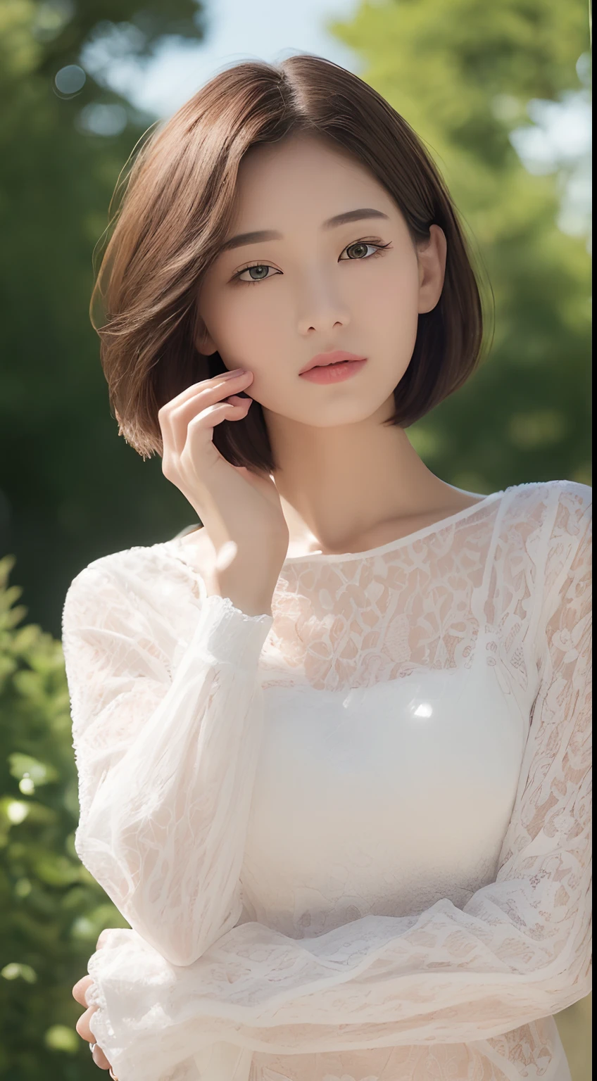 ((top-quality、8K、masterpiece:1.3))、SLR camera、realskin、女の子1人、Ultimate Beauty、Beautiful woman with slender abs:1.3、(Very short hair、爆乳:1.2)、Long Sleeve Lace Shirt:1.1、hyperdetailed face、A detailed eye、Double eyelid hands on face