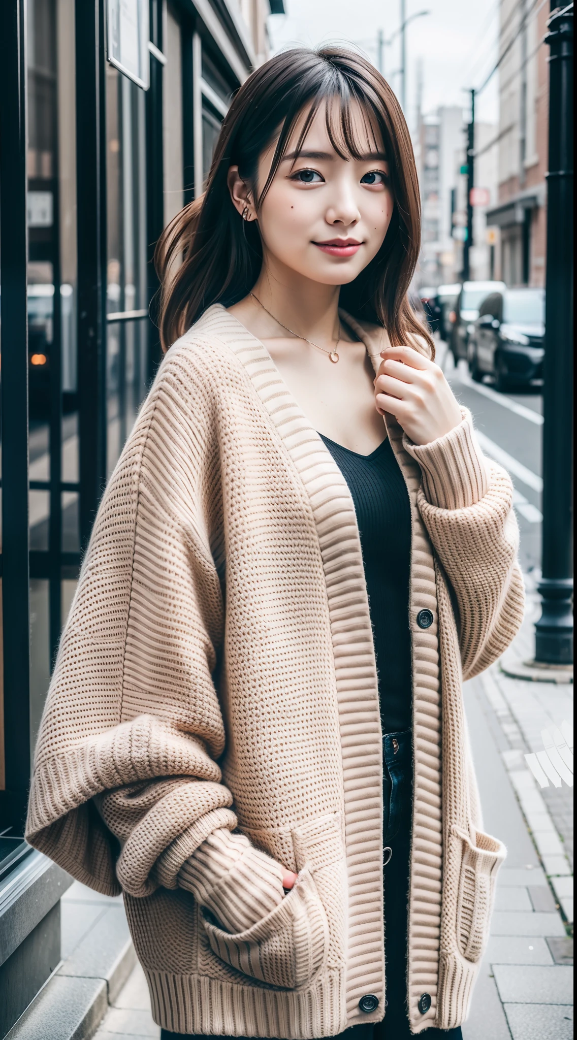 (Best Quality,8K,超A high resolution:1.25),(cute Japanese girls),city, Cardigan