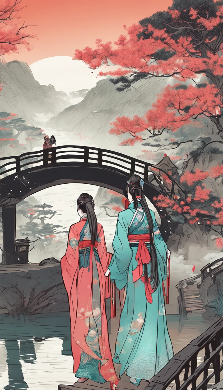 a drawing，The painting shows two women walking across a bridge over the river, Chinese fantasy, by Yang J, A beautiful artwork illustration, Japanese art style, author：Qu Leilei, Beautiful digital artwork, author：Fan Qi, Chinese painting style, Fantasy art style, author：Wang Yi, Chinese style, By Li Song, Anime fantasy illustration, trending on cgstation, Beautiful anime artwork