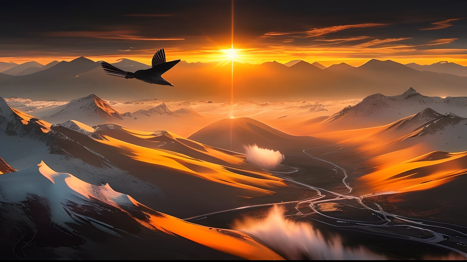 Birds fly over the mountains at sunset, 8 k resolution digital painting, 8k resolution digital painting, 4k hd matte digital painting, 4k highly detailed digital art, amazing wallpapers, low details. Digital painting, soft focus matte painting, epic digital painting, 8K HD wallpaper digital art, 4 k digital painting, 8K stunning artwork, in stunning digital paint