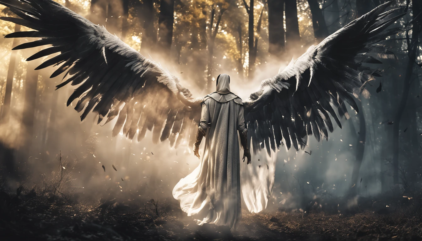 Mortal battle Lucifer wings and black robes against Archangel Michael white wings and white robes in a misty dark forest, golden swords, flying, great wings.