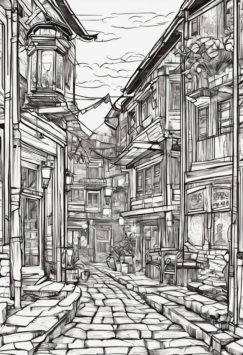 Cartoon Beauty,Around twenty years old,Old town streets,There are lanterns。black and white sketch