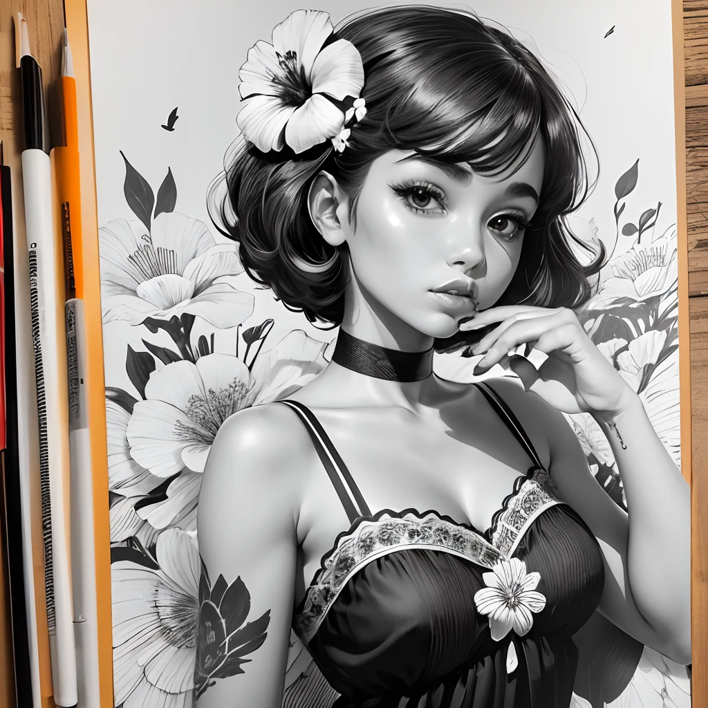 Black and white stick figure 1 girl with hibiscus flower in background,  in dress with flowers, its fine ink line art, comic style, portrait of ploynesian girl, Marilyn Munroe, Hollywood glam, beautiful line art, black and white comic style, manga style, manga art style, pencil and ink caricature drawing, black and white coloring --auto --s2