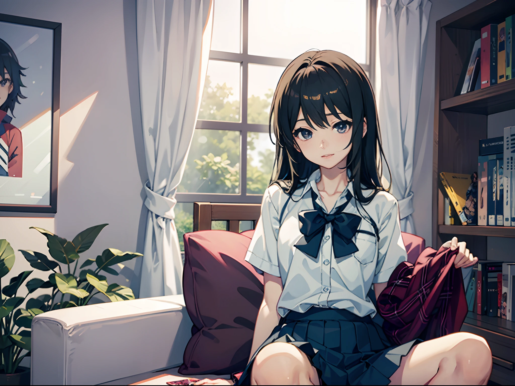 Anime girl in school uniform sitting on bookshelf, Beautiful anime junior high school girl, style of anime4 K, up of young anime girl, seductive anime girls, attractive anime girls, An anime girl, Portrait of an anime girl, Smooth anime CG art, anime visual of a cute girl, portrait anime girl, Beautiful anime girl, pretty anime girl, Realistic young anime girl
