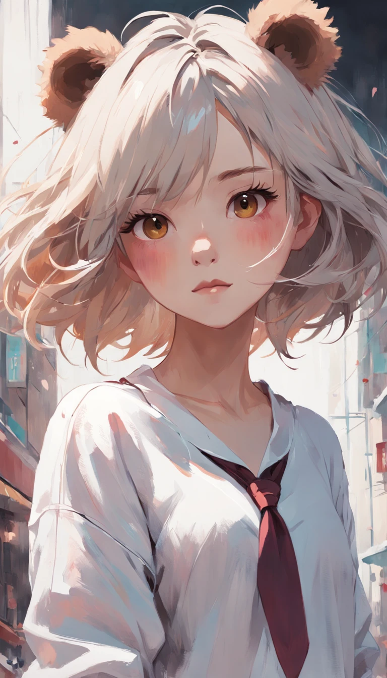 Create a detailed digital portrait of a girl in a teddy bear shirt and a white shirt, seguindo o estilo de Guweiz. Incorporate this artist's distinctive technique of loose brushstrokes and muted colors. Focus on creating a balance between the realistic look and the charm of the cartoons. Highlight facial expression and eyes, bringing the character to life. Use pinceladas impressionistas para criar texturas nas roupas e no cabelo, capturing the essence of Guweiz's work.