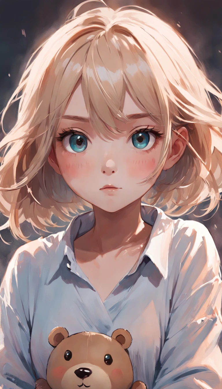 Create a detailed digital portrait of a girl in a teddy bear shirt and a white shirt, seguindo o estilo de Guweiz. Incorporate this artist's distinctive technique of loose brushstrokes and muted colors. Focus on creating a balance between the realistic look and the charm of the cartoons. Highlight facial expression and eyes, bringing the character to life. Use pinceladas impressionistas para criar texturas nas roupas e no cabelo, capturing the essence of Guweiz's work.