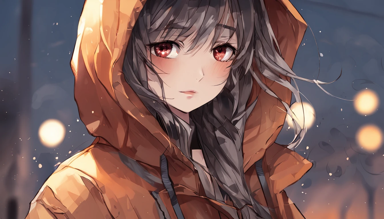Single anime girl, looking at camera, sad face, sunset in background, upper body, ultra detailed, wearing dark grey hoodie, hood on, character back facing sunset, sad, expressionless dark ambience, brown eyes