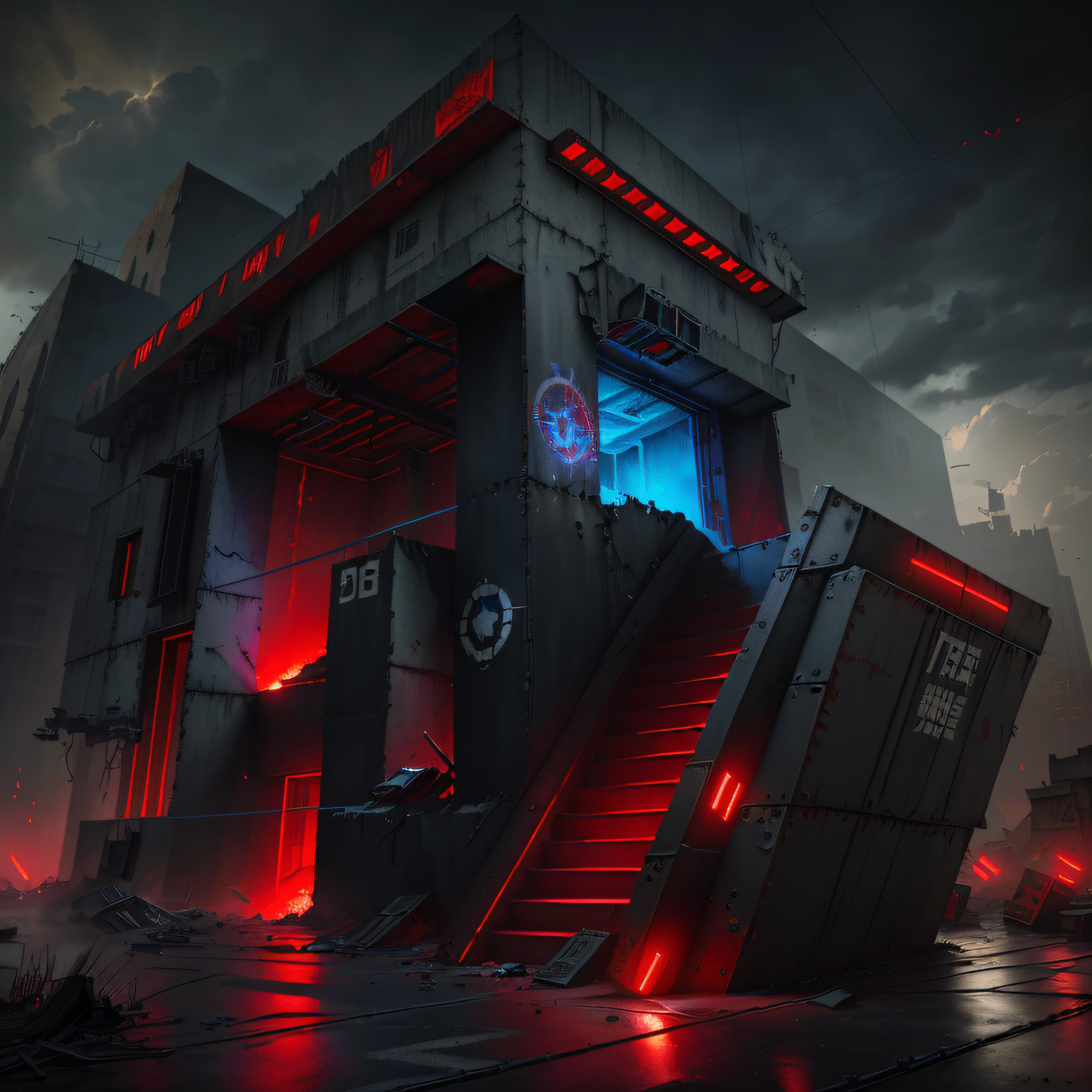 There is an apocalyptic building with stairs and doors, With a red and blue theme,Unreal Engine renders concept art, Some gun props are hung on the walls、wooden crates、Cages、Prop handcuffs,On the ground
A cordon surrounds the outer circle、Red spotlight、The inner ring is surrounded by a wire and wood fence,Mainly highlights the Doomsday Police Station