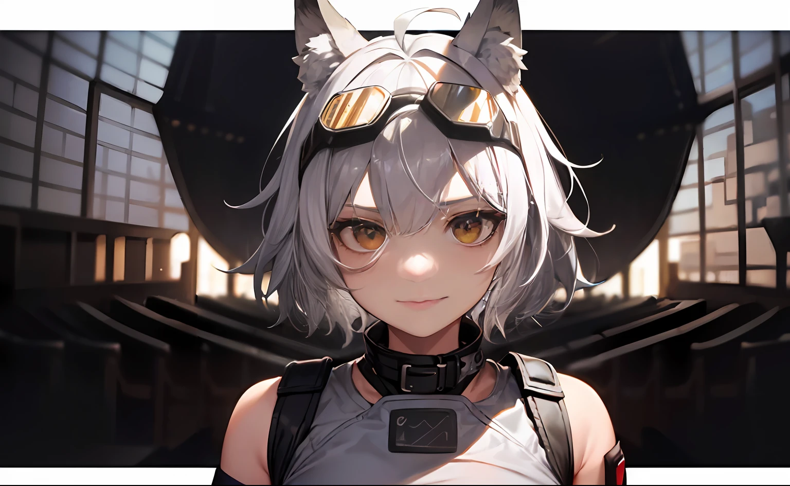 1girll, Solo, Wolf Girl, Wolf ears, (Short hair, Silver hair, Messy hair:1.2), Fighting stance, skin fang, (pilotsuit, ripped clothing, goggles on head, Dirty:1.15), (The injured forehead was wrapped in a bandage:1.15), afraid, the rainforest, A crashed plane, full bodyesbian, (in a panoramic view:1.25), hyper HD, Masterpiece, Textured skin, Super detail, Anatomically correct, High details, High quality, Award-Awarded