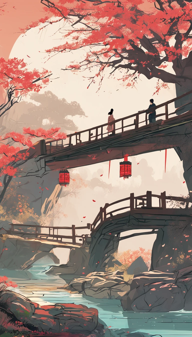 a drawing,The painting depicts a man and a woman walking across a bridge over the river,Kiss on the bridge, A beautiful artwork illustration, Japanese art style, author:Qu Leilei, Beautiful digital artwork, author:FAN Qi, Chinese painting style, Fantasy art style, author:Wang Yi, Chinese style, By Li Song, Anime fantasy illustration, trending on cgstation, Beautiful anime artwork