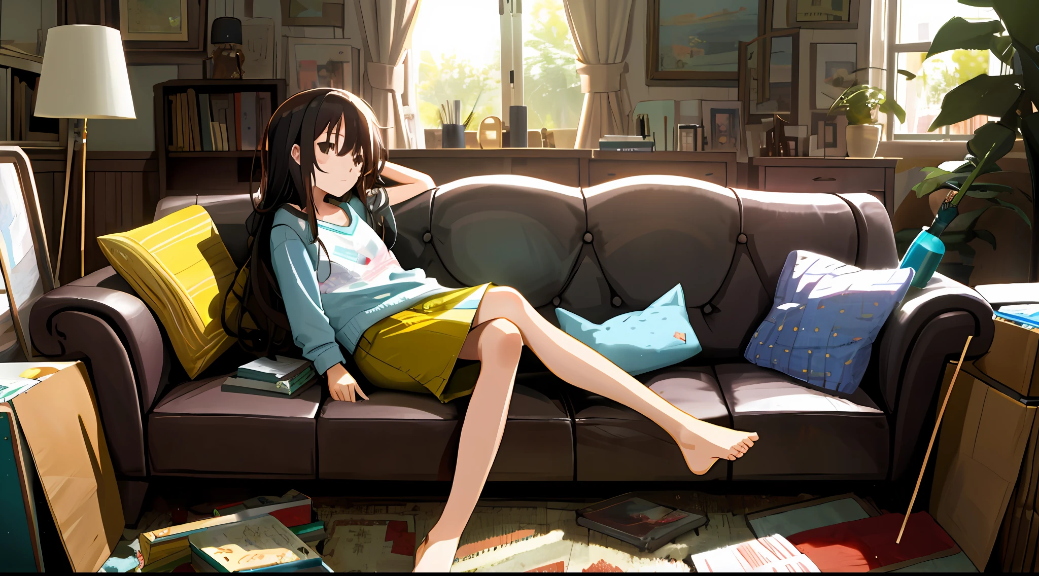 A girl sits on a single sofa in a cluttered room（pondering）。（Expression distressed）