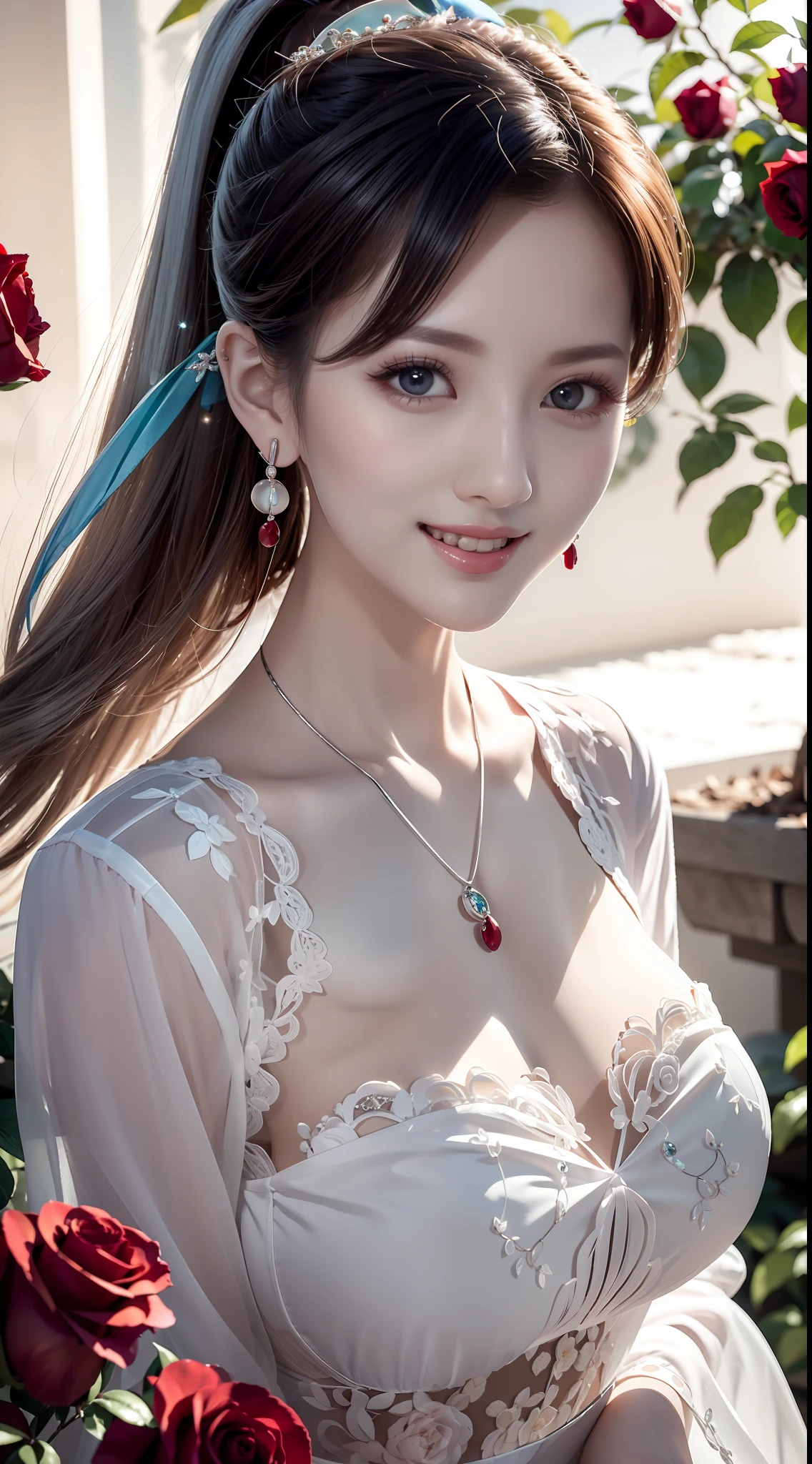 Best quality at best，highly  detailed，tmasterpiece，ultra - detailed，（fidelity：1.2），1个Giant Breast Girl，（white backgrounid），simple backgound，Elaborate Eyes，二重まぶた， (cparted lips:1.5) ssmile，Sparkling lip gloss，Silvery hair，a purple eye，The skin(Rose white skin: 1.4)，hair_ornament，（white offshoulder shirt：1.3），crown braid，Smile at the audience，hair straight，（++Sit Pose：1.2），Close-up of big breasts，The chest is huge。There is a deep cleavage，There is a bright light on the chest，The cleavage looms and is extremely delicate and beautiful，Delicate collarbones，beautiful make up，Exquisite and perfect facial features